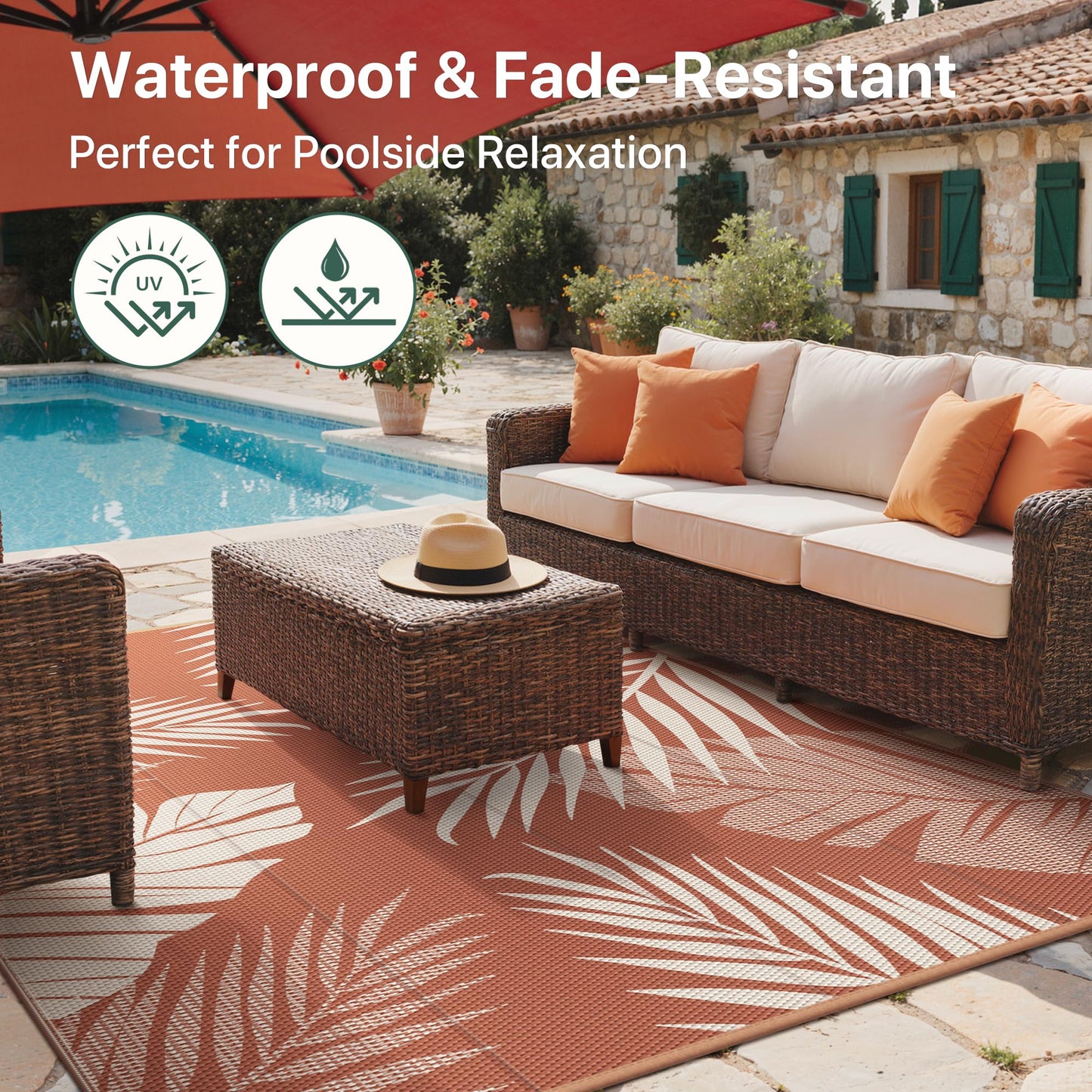 GENIMO Outdoor Rug 8' x 10' Waterproof for Patios Clearance, Reversible Plastic Straw Camping Carpet, Large Area Rugs Mats for RV, Picnic, Backyard, Deck, Balcony, Porch, Beach, Brick&Red