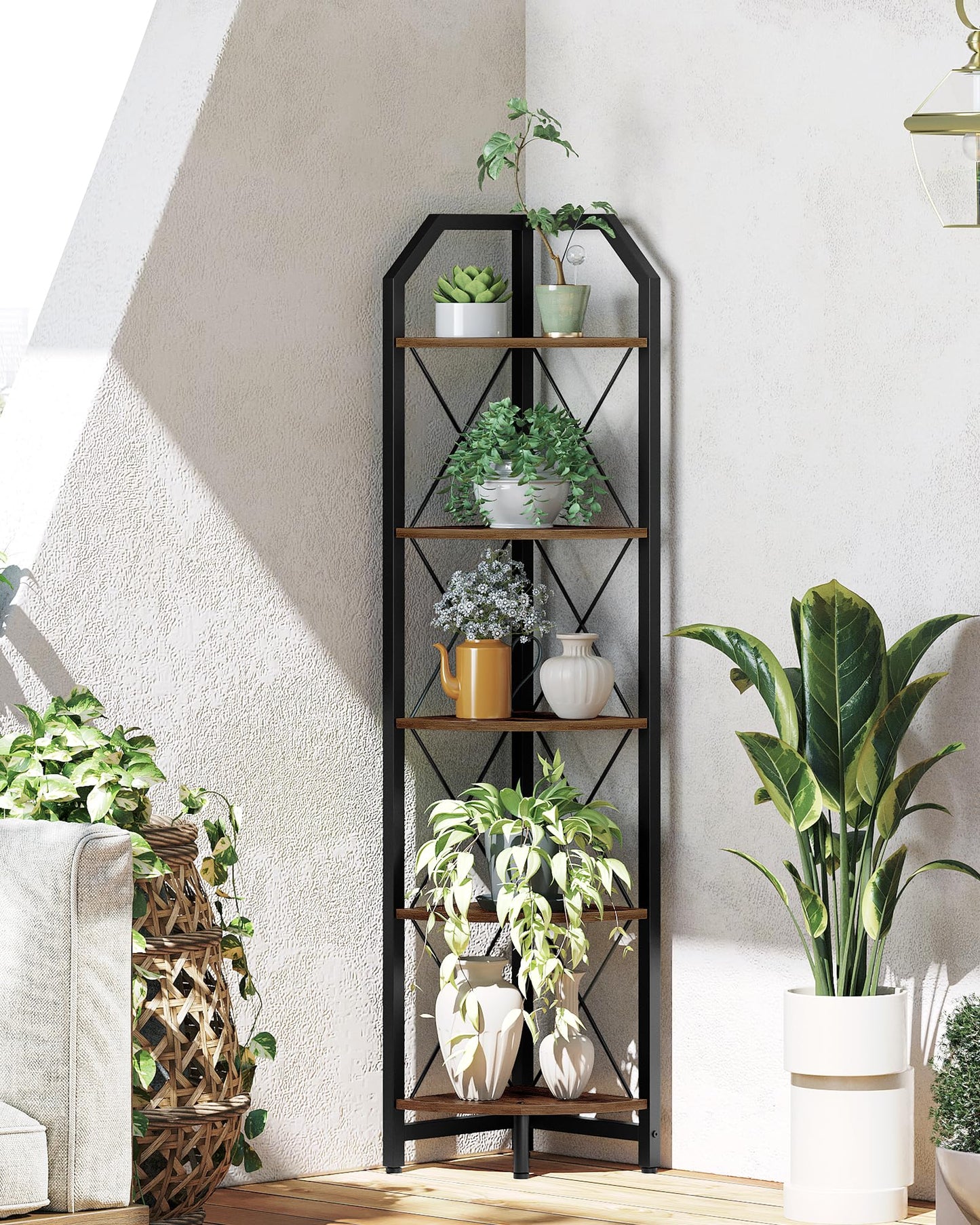 CHOEZON 59.4" Corner Shelf, 5-Tier Industrial Corner Bookshelf, Corner Storage Stand, Plant Stand Display Shelf, Bookcase for Bedroom, Living Room, Home Office, Rustic Brown and Black TCJ10BF