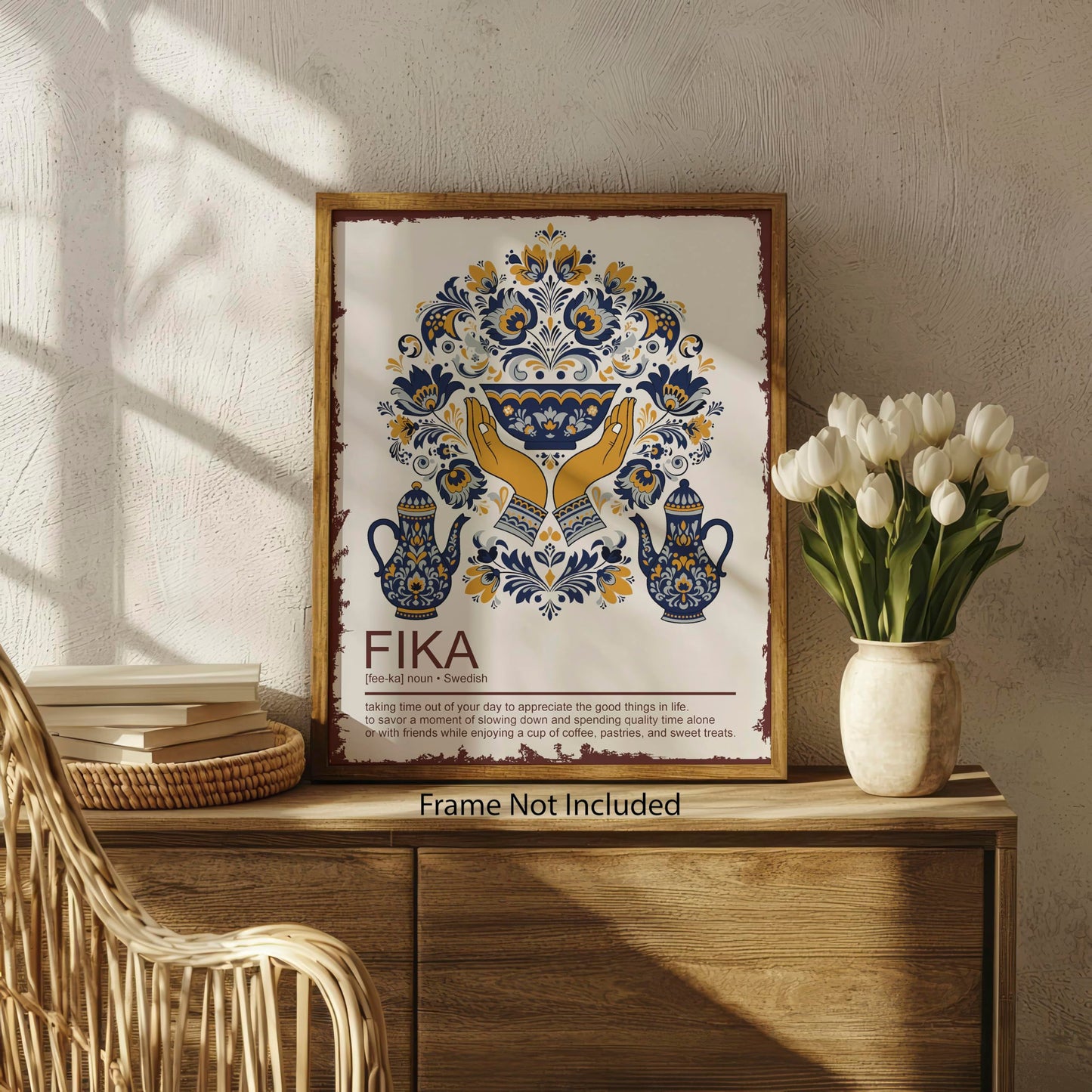 Moments of Warmth and Fika - Scandinavian Wall Decor Poster - 8x10 Unframed Swedish Folk Art Print for Kitchen Living Room Office - Nordic Home Gift for Women Christmas Midsummer or Rustic Cozy Décor