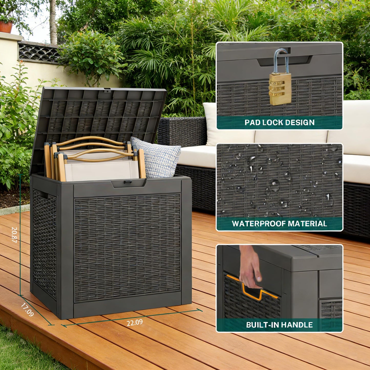 WTFGO 31 Gallon Outdoor Storage Box, Resin Deck Boxes Outdoor Waterproof For Patio Furniture, Garden Tools, Pool Supplies, Lockable And UV Resistant (Rattan Black)