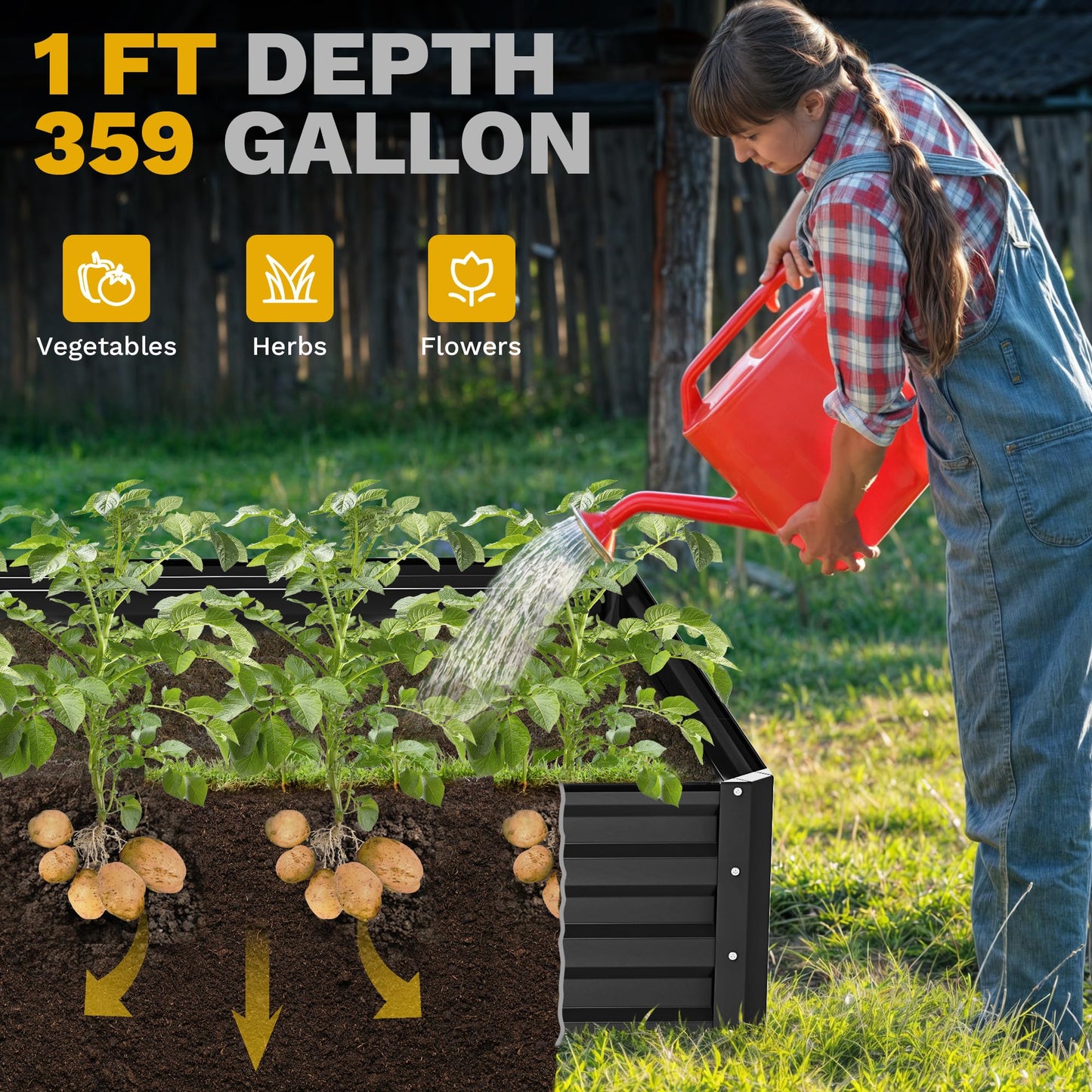 DWVO 12 x 4 x 1 FT Raised Garden Bed Kit, Outdoor Galvanized Flower Bed with Safety Rubber and Gloves, Large Metal Planter Box for Vegetables, Flowers, Herbs, Fruits, Black