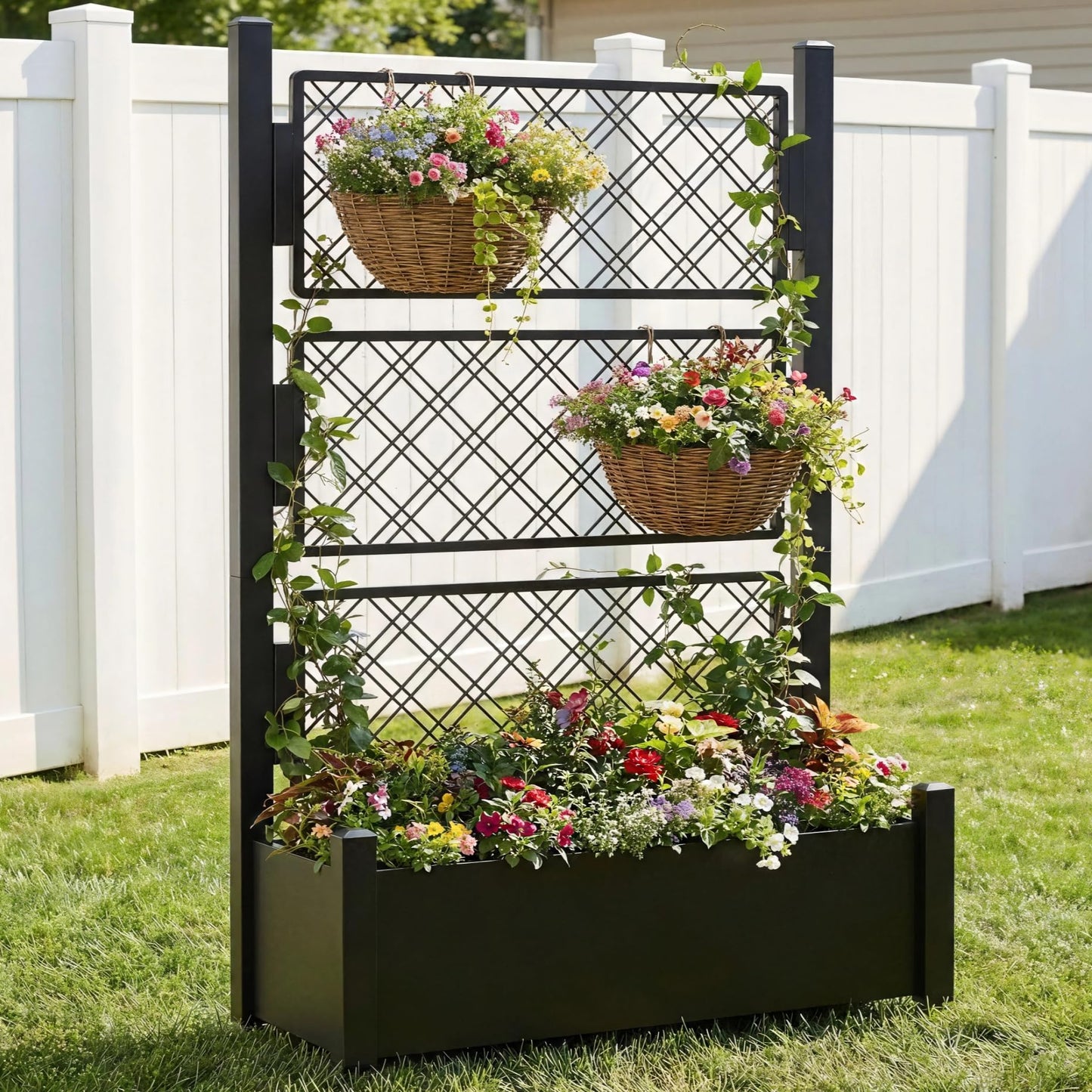 Foresland Tall Metal Planter Box with Trellis and Wheels, 72Hx46Wx16D Large Outdoor Garden Planter, 10min's Quick Setup for Climbing Plants Vines with Drainage Holes and Privacy Screen, Black