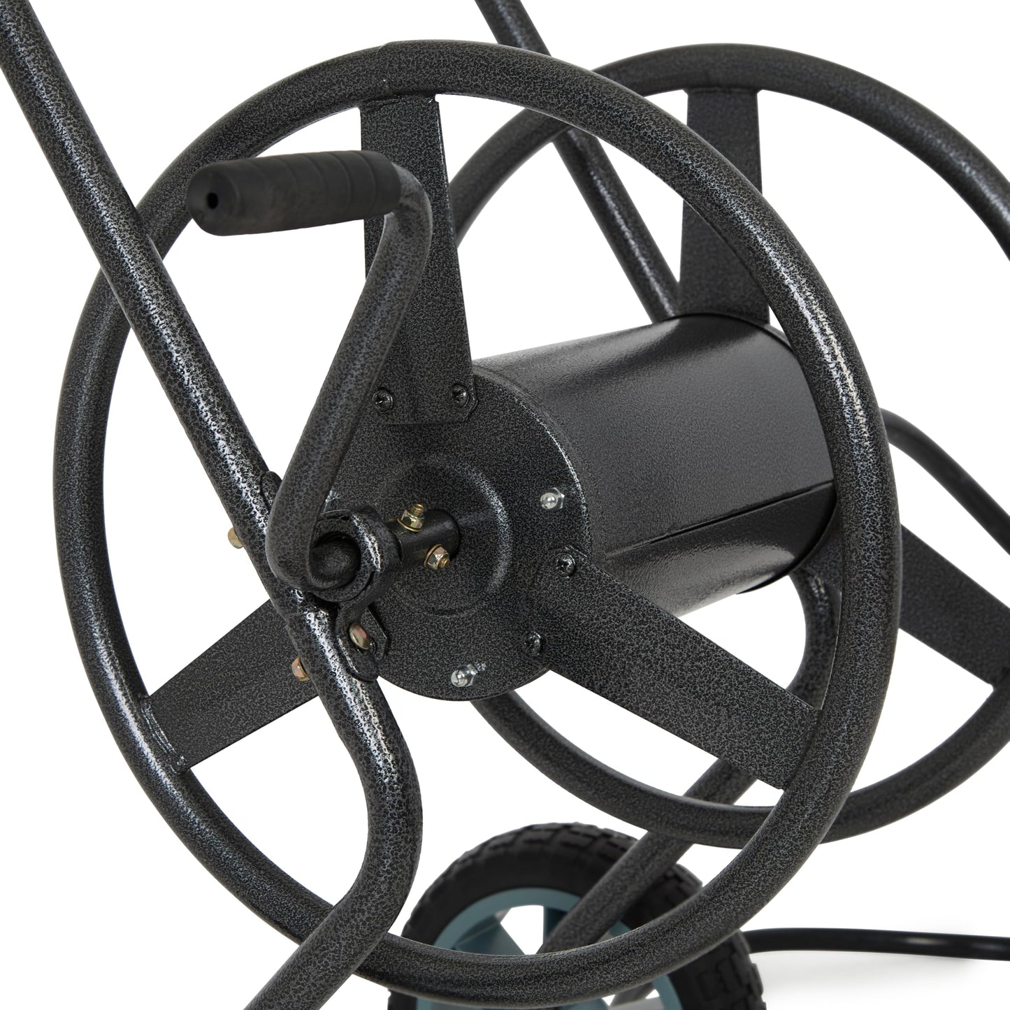 Backyard Expressions 2‑Wheel Garden Hose Reel Cart, Portable Hand‑Crank Hose Reel, Rust‑Resistant Hammertone Gray Finish, Brass Connectors