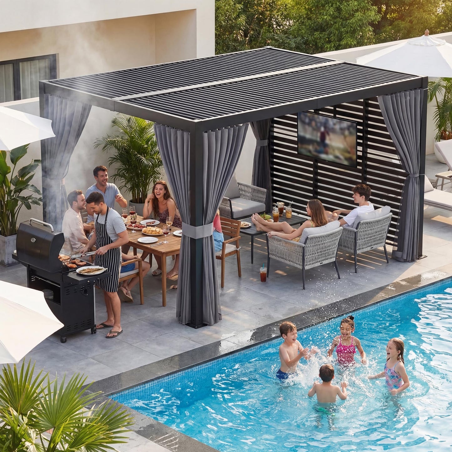 COSIEST 10' x 12' Louvered Pergola with TV Mount, Outdoor Aluminum Pergola with Adjustable Roof, 4 Posts Drainage System, Privacy Curtains & Rainproof Gazebo for Patio, Deck, Backyard, Garden