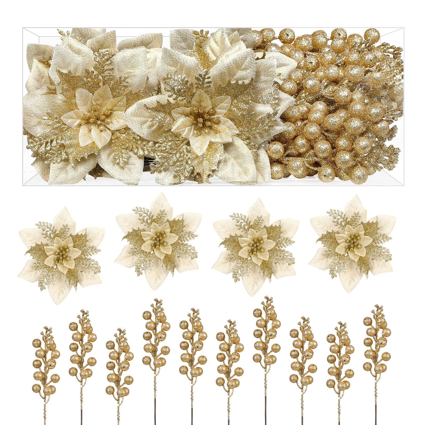 Alupssuc 24 Pieces Christmas Tree Decorations, 12 PCS Gold Poinsettia Flowers Artificial and 12 PCS Glitter Christmas Tree Picks for Christmas Decorations Party Wreath Fireplace Stairs, Gold