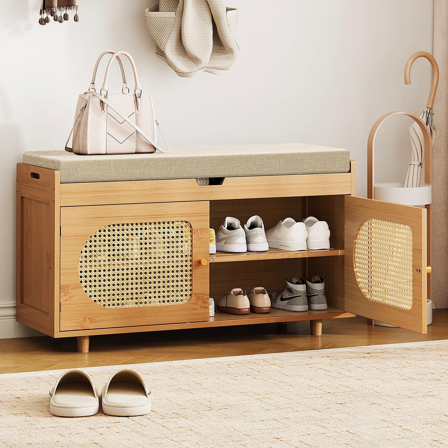 PETKABOO Rattan Shoe Storage Bench, 35.4" Bamboo Entryway Bench, 2-Tier Shoe Rack with 2 Doors & Padded Seat Cushion for Entryway, Living Room, Bedroom