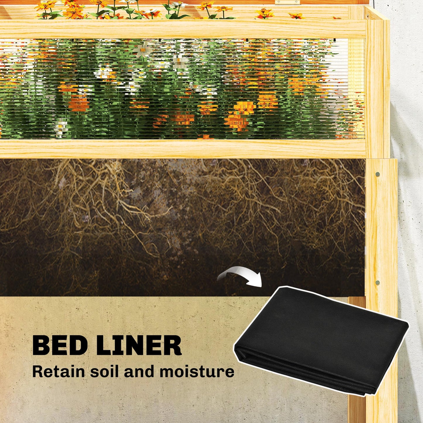 Outsunny Wooden Raised Garden Bed with Flip-Up Greenhouse Top, Raised Garden Bed with Legs and Bed Liner, Elevated Planter Box for Flowers, Vegetables, Herbs, Natural