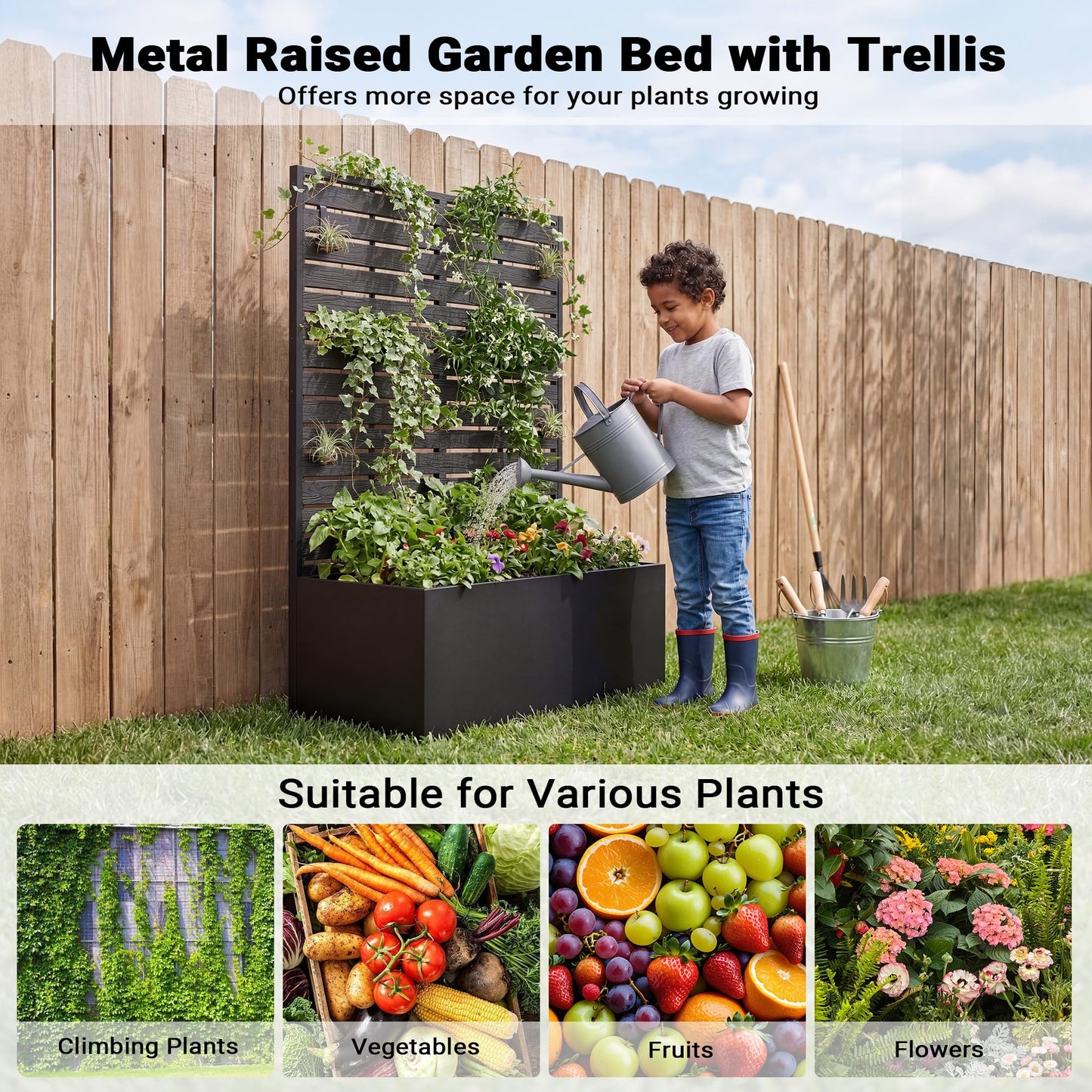 seethmi Metal Raised Garden Bed with Trellis, 35"x16"x47" Planter Box for Vegetables & Climbing Plants, Outdoor HDPE Privacy Screen Planter with Drainage Holes for Patio, Backyard, Garden