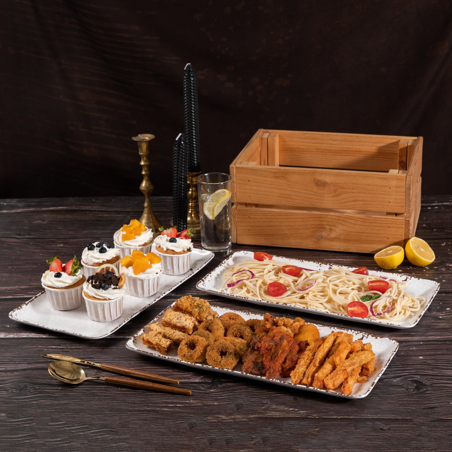 ZAROCRUS 4-Pack 14" x 7" White Serving platter Set, Reusable Farmhouse Melamine Serving Platters for Cookie, Appetizer, Charcuterie, Snack, Party Food Display - Stackable Kitchen CounterTop Tray.