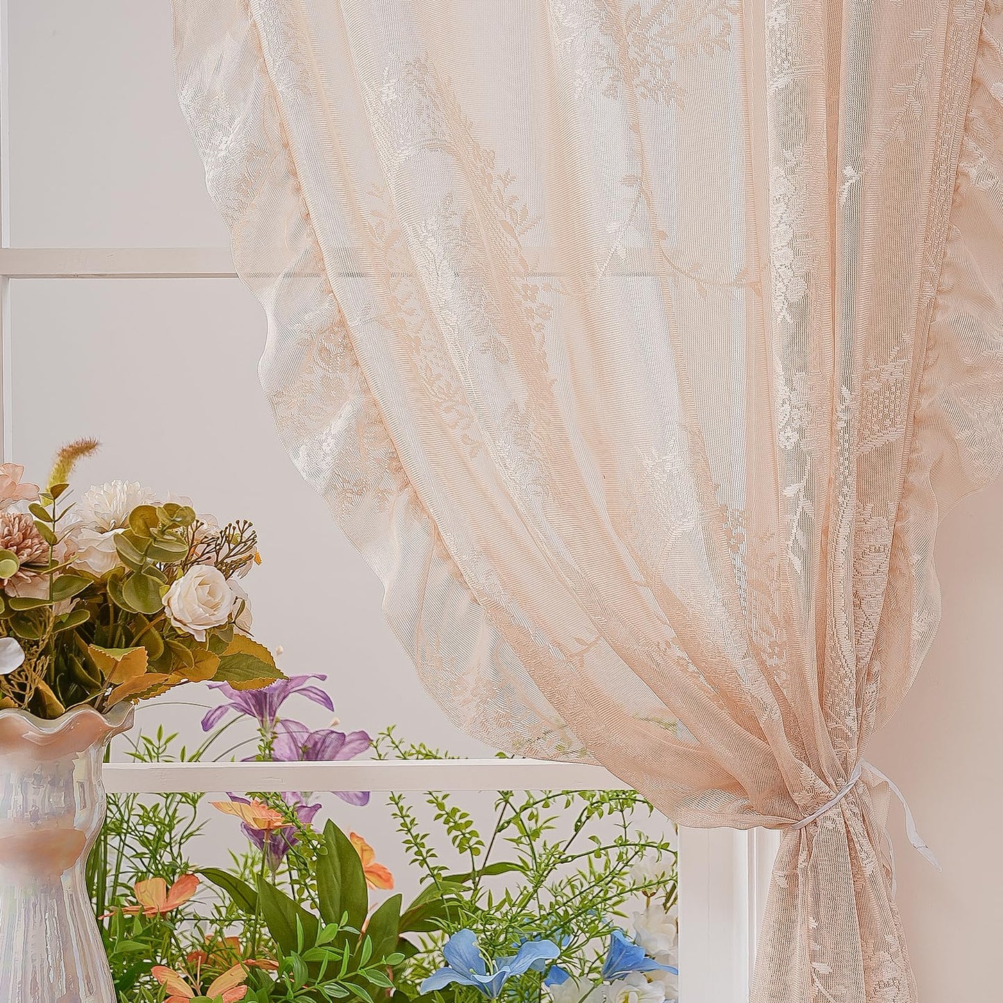 LOHUT Beige Lace Curtains for Bedroom 2 Panels Set Cute Vintage Curtains Sheer Floral Embroidery,52W*63L
