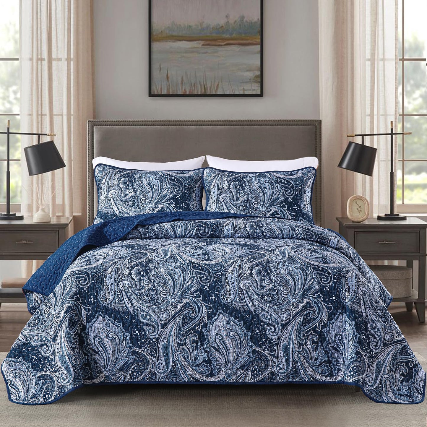 DJY Navy Paisley Quilt Set King Boho Bedspread Coverlet Set 3 Pieces, Soft Lightweight Microfiber Navy Blue Paisley Floral Pattern Bedding for All Season, 110"x90"