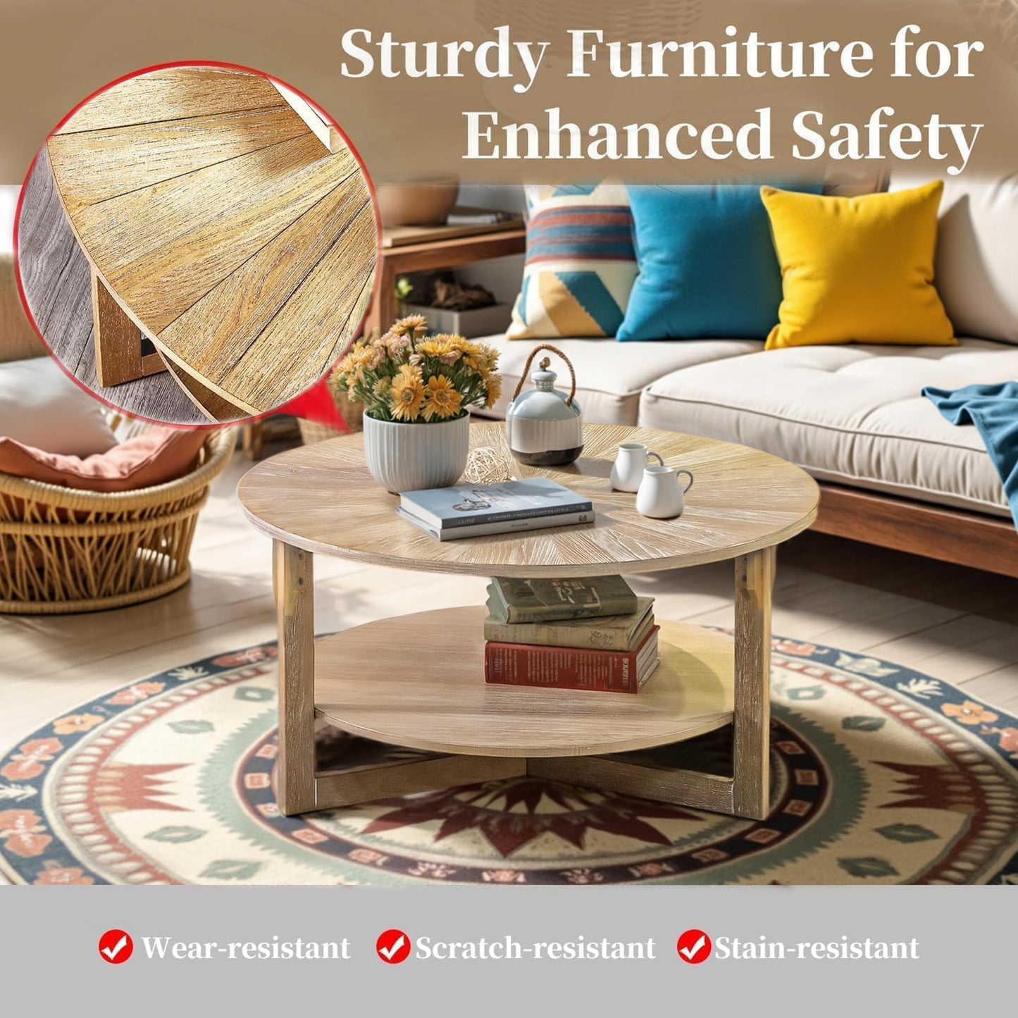 DS-HOMEPORT Round Coffee Table, 35" Circle Wood Coffee Table with Storage Shelf, 2 Tier Center Table for Living Room Apartment Home Furniture, Easy Assembly (Light Brown,35" Dx35 Wx18 H)