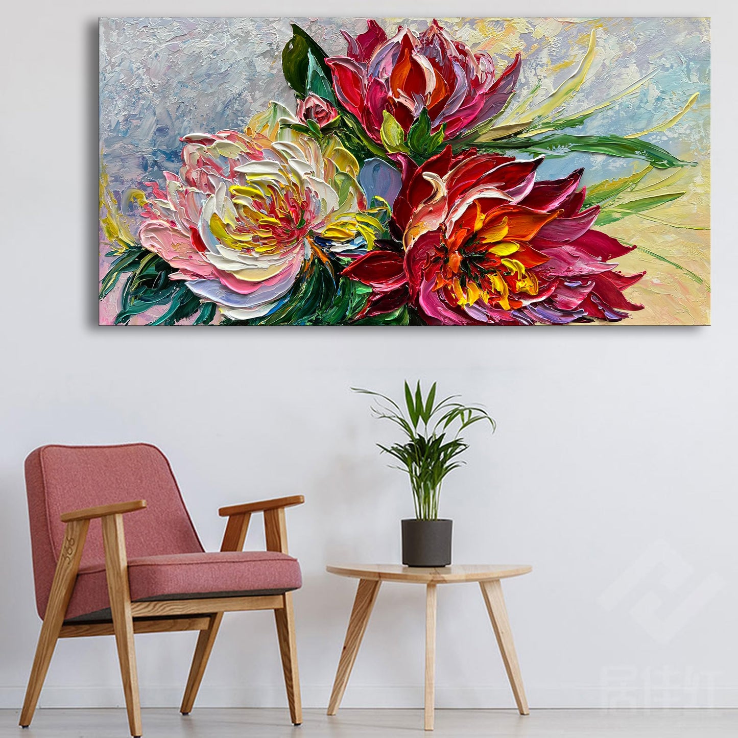 Limiyer Art Hand Painted red Flowers Art Oil Painting 24x48 Thick Texture Abstract Wall Decorative Art Oil Painting