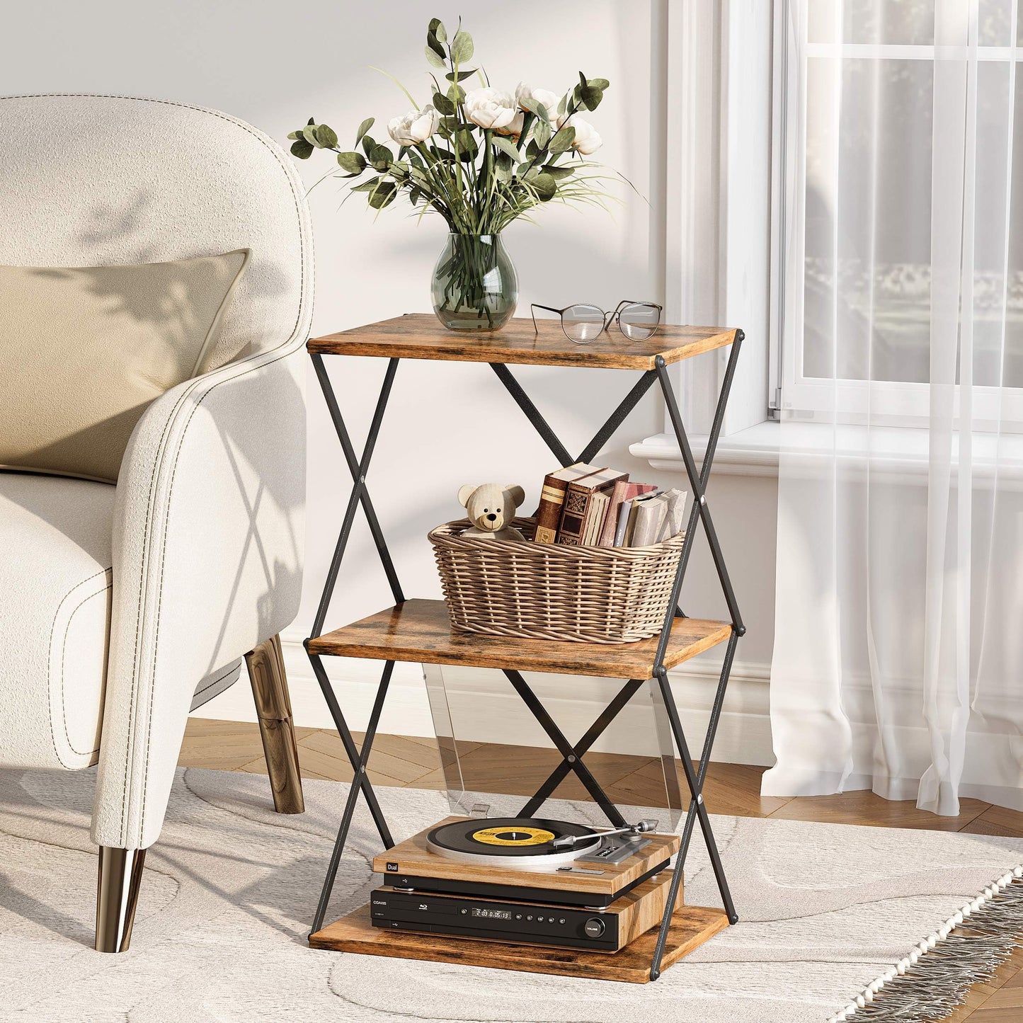 IRCPEN 3-Tier End Table Small Side Table Tall Bedside Night Stand with Storage Sofa Side desks for Living Room Bedroom Office Bathroom Small Space Rustic Brown ET-03RB