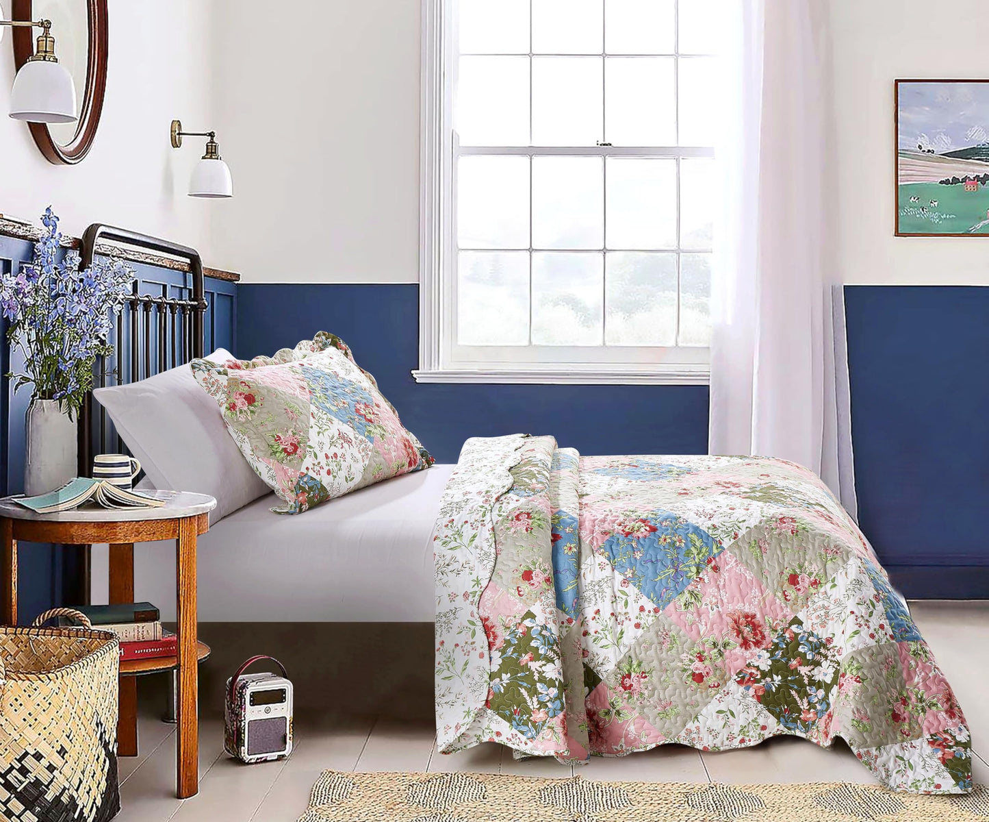 Brilliant Sunshine Peach and Olive Flowers Patchwork, 2-Piece Quilt Set with 1 Sham, Reversible Bedspread, Soft Lightweight Coverlet, All-Season, Twin, Peach Olive