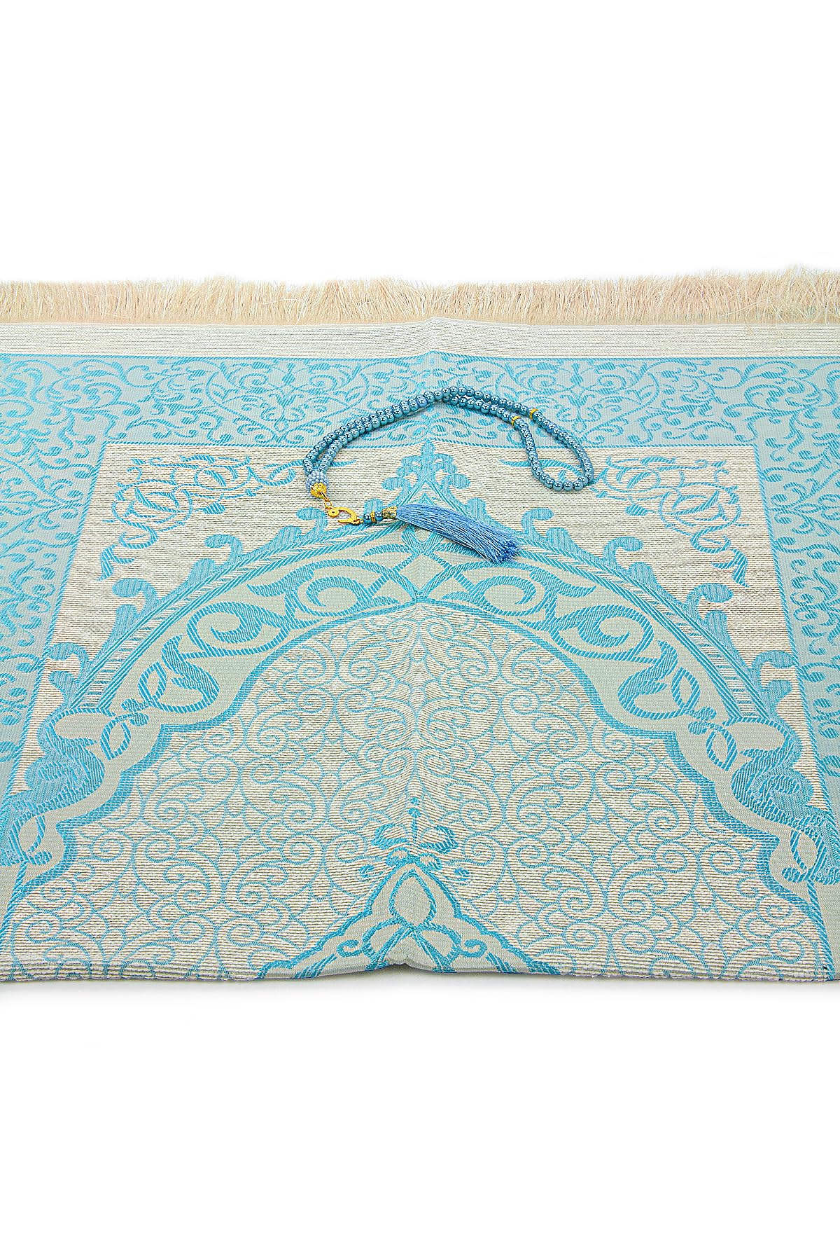 ihvan online Muslim Prayer Rug with 99 Beads Tasbih & Travel Bag, Soft Taffeta Sajadah, Lightweight & Foldable Janamaz, Portable Prayer Mat, Islamic Gift for Eid, Ramadan, Hajj & Umrah, Blue