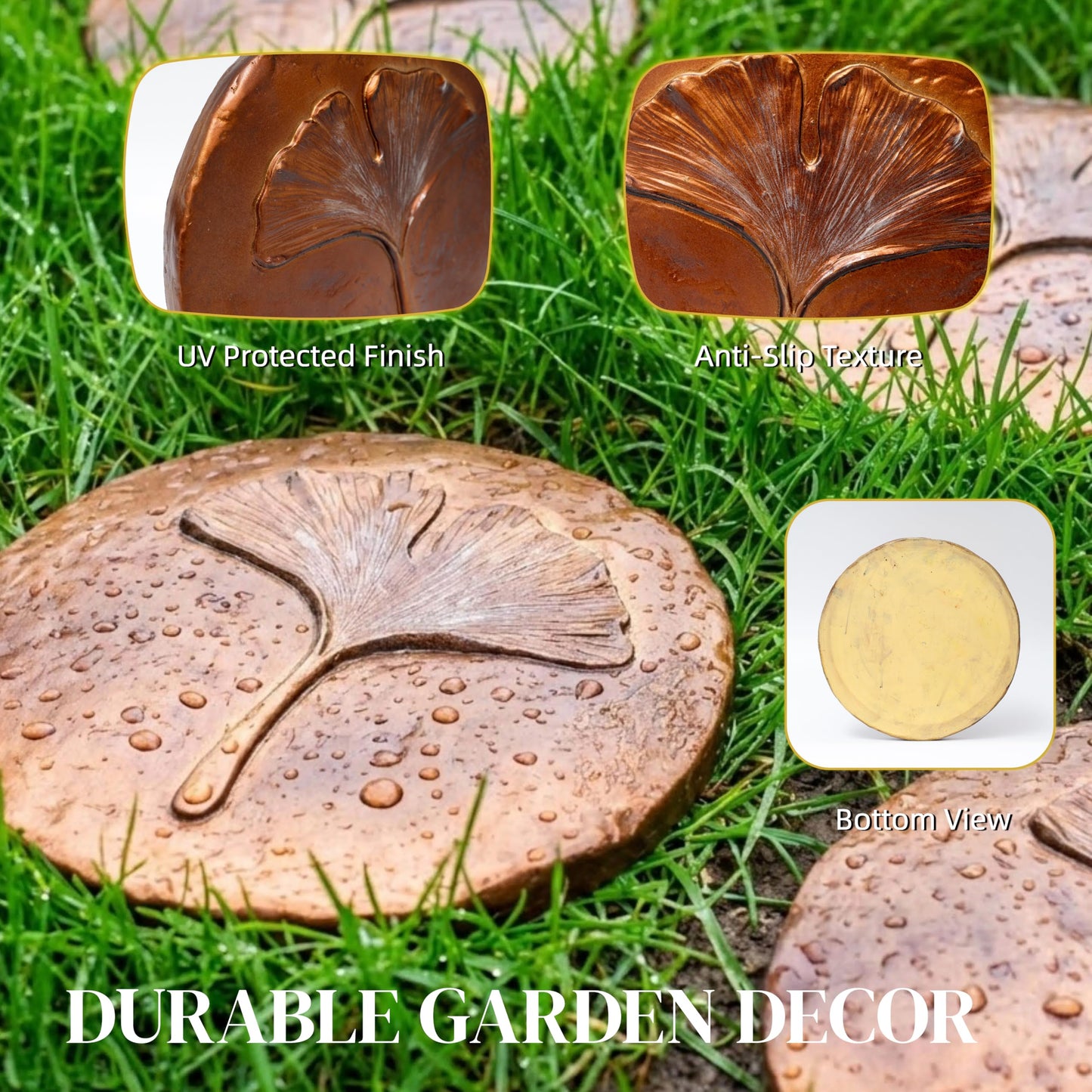 Stepping Stones Outdoor Set of 3, 10.8" Antique Ginkgo Bronze Garden Stones Outdoor Decorative Set – Grandma Mothers Day Gifts, Garden Memorial Stone for Loved Ones, Backyard Pathway Pavers, Walkway