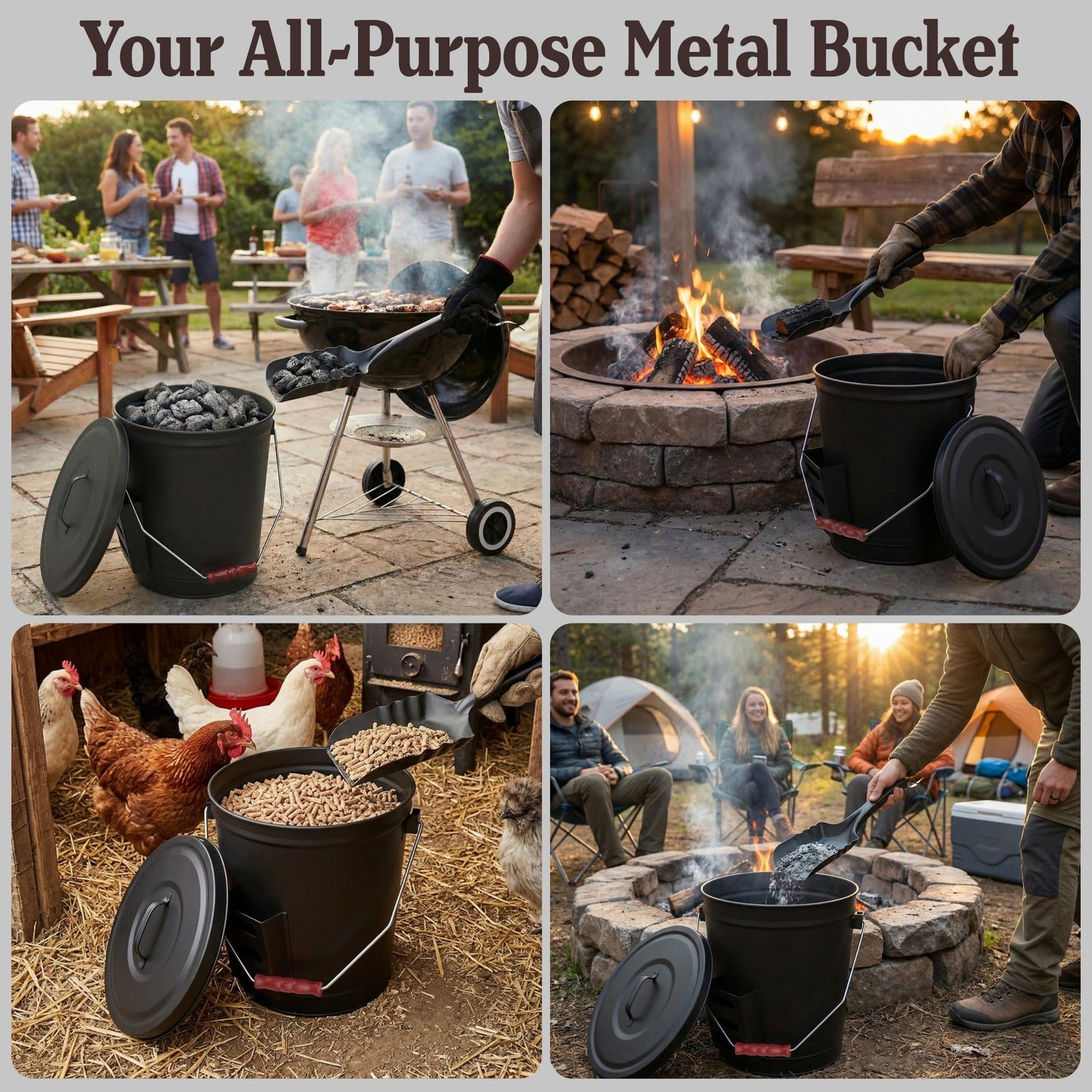 Home-Complete 4.75 Gallon Black Ash Bucket with Lid and Shovel-Essential Tools for Fireplaces, Fire Pits, Wood Burning Stoves-Hearth Accessories
