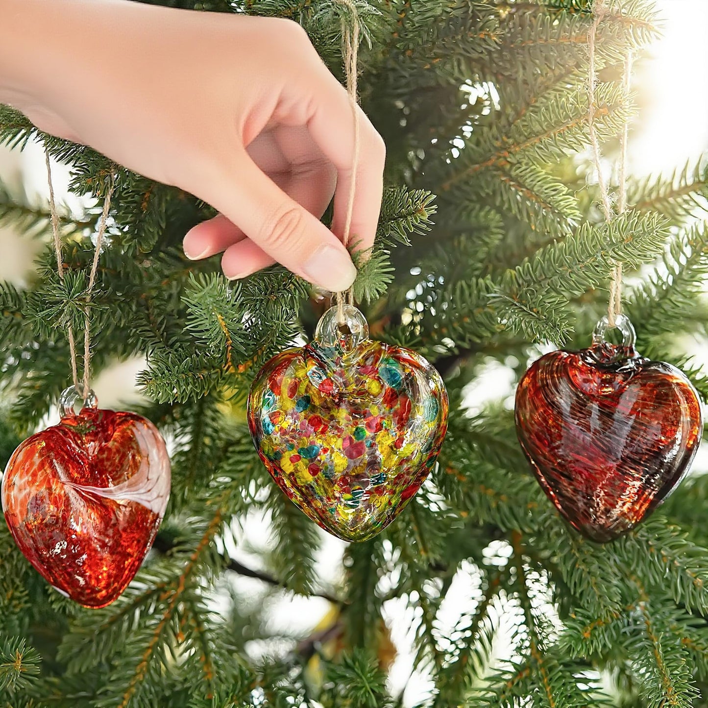 3Pcs Hand Blown Glass Heart Ornaments 3.5inch Hanging Crystal Heart Figurine for Home Garden Wedding Party Decor (Red)