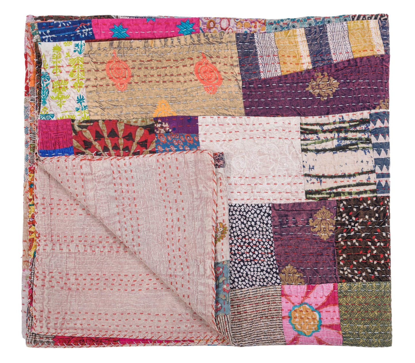 Marubhumi Indian Traditional Pure Cotton Patchwork Kantha Quilt, Paisley Print Kantha Quilt Multi Color (Multicolor-1, Twin (60"x 90"))