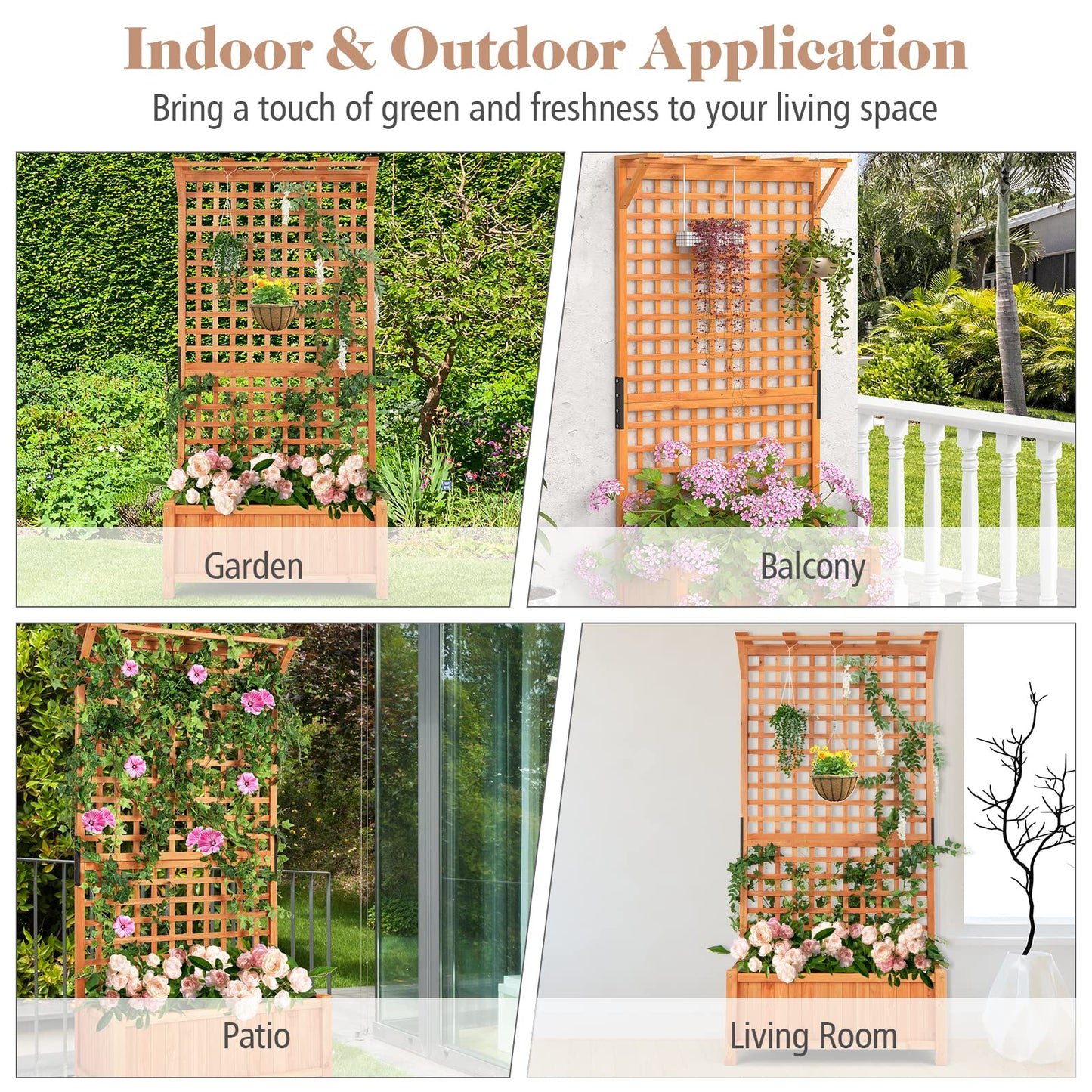 S AFSTAR Raised Garden Bed with Trellis, Wood Elevated Planter Box with Hanging Roof & Climbing Trellis, 4 Drainage Holes, 72.5" Tall Freestanding Planter Container for Vine Climbing Plants Flowers