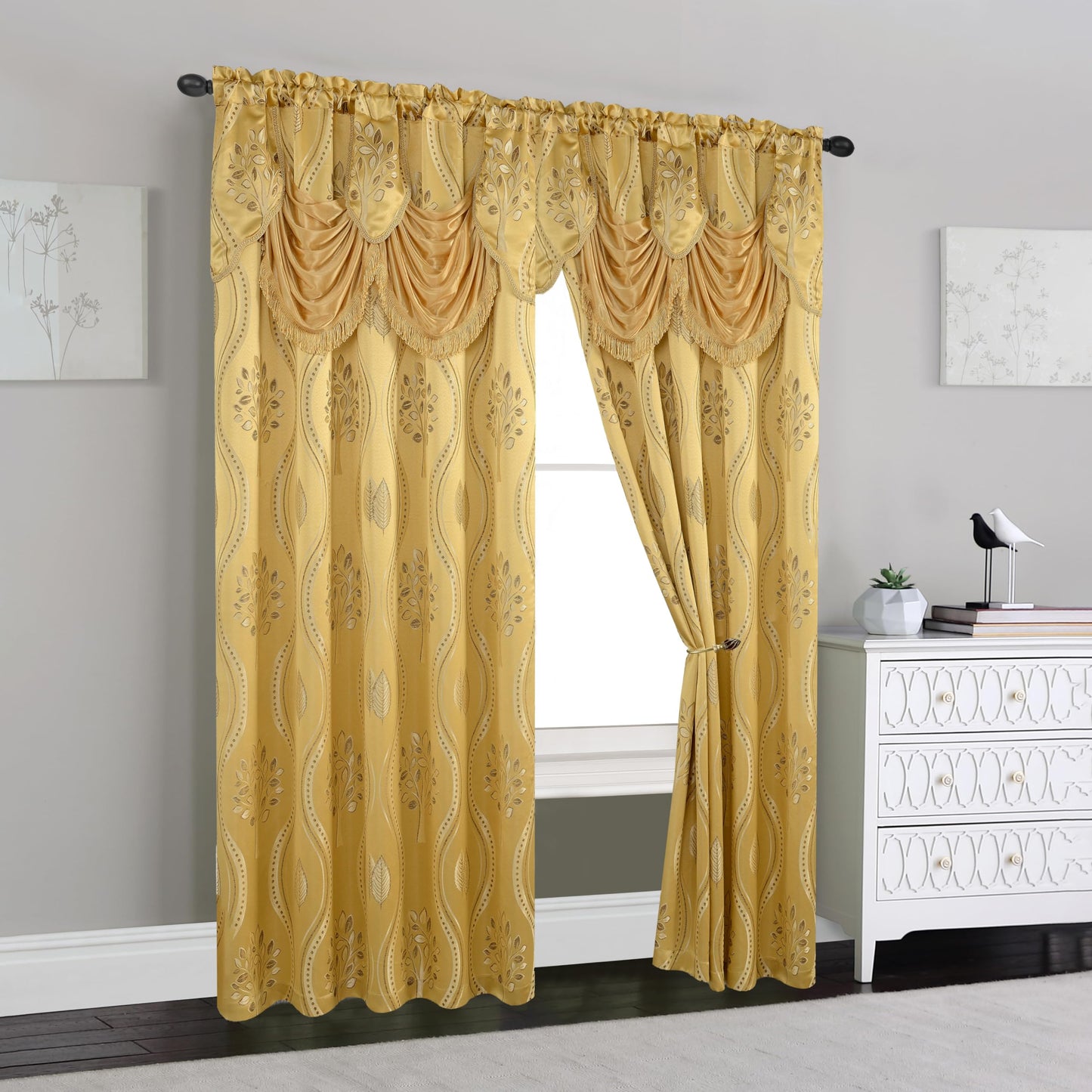 Elegant Comfort Aurora Jacquard Look Curtain Panel Set with Attached Valance 54" X 84 inch (Set of 2), Gold