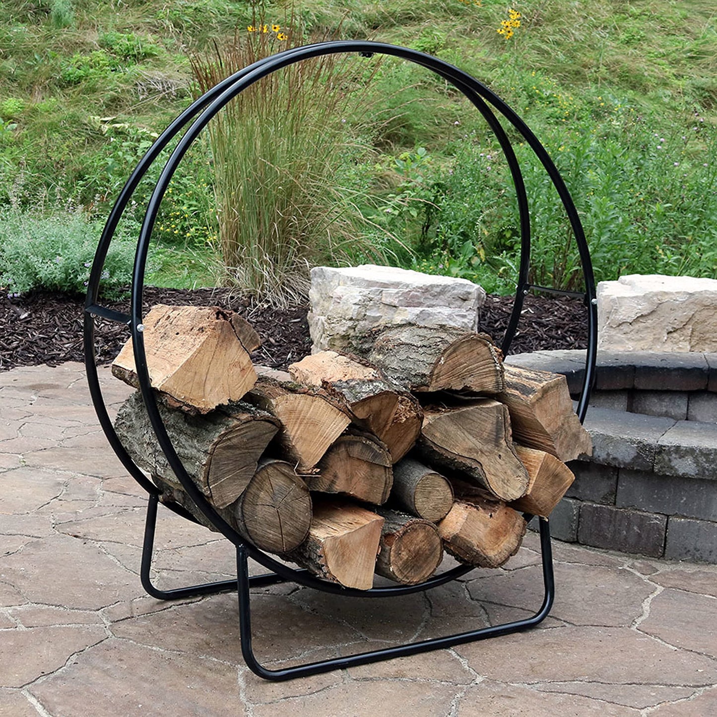 Sunnydaze 48-Inch Outdoor Firewood Rack Hoop - Indoor Round Tubular Steel Fireplace Wood Holder - 700-lb Capacity
