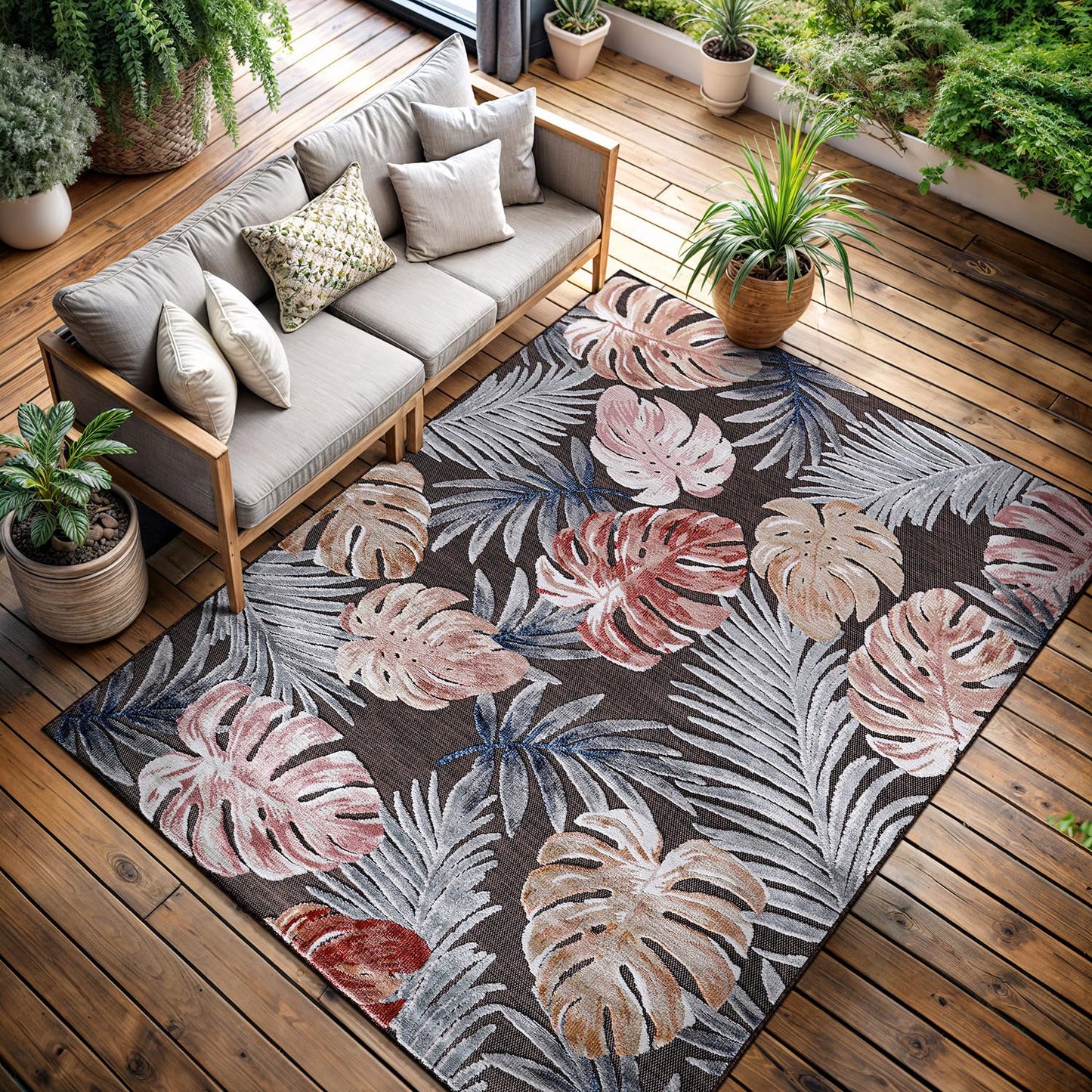 CAMILSON Indoor Outdoor Rug, Brown 7’10”x10’ Leaf Tropical Botanical Area Rugs for Indoor and Outdoor patios, Easy-Cleaning Non-Shedding Living Room, Garden and Kitchen Washable Outside Carpet (8x10)