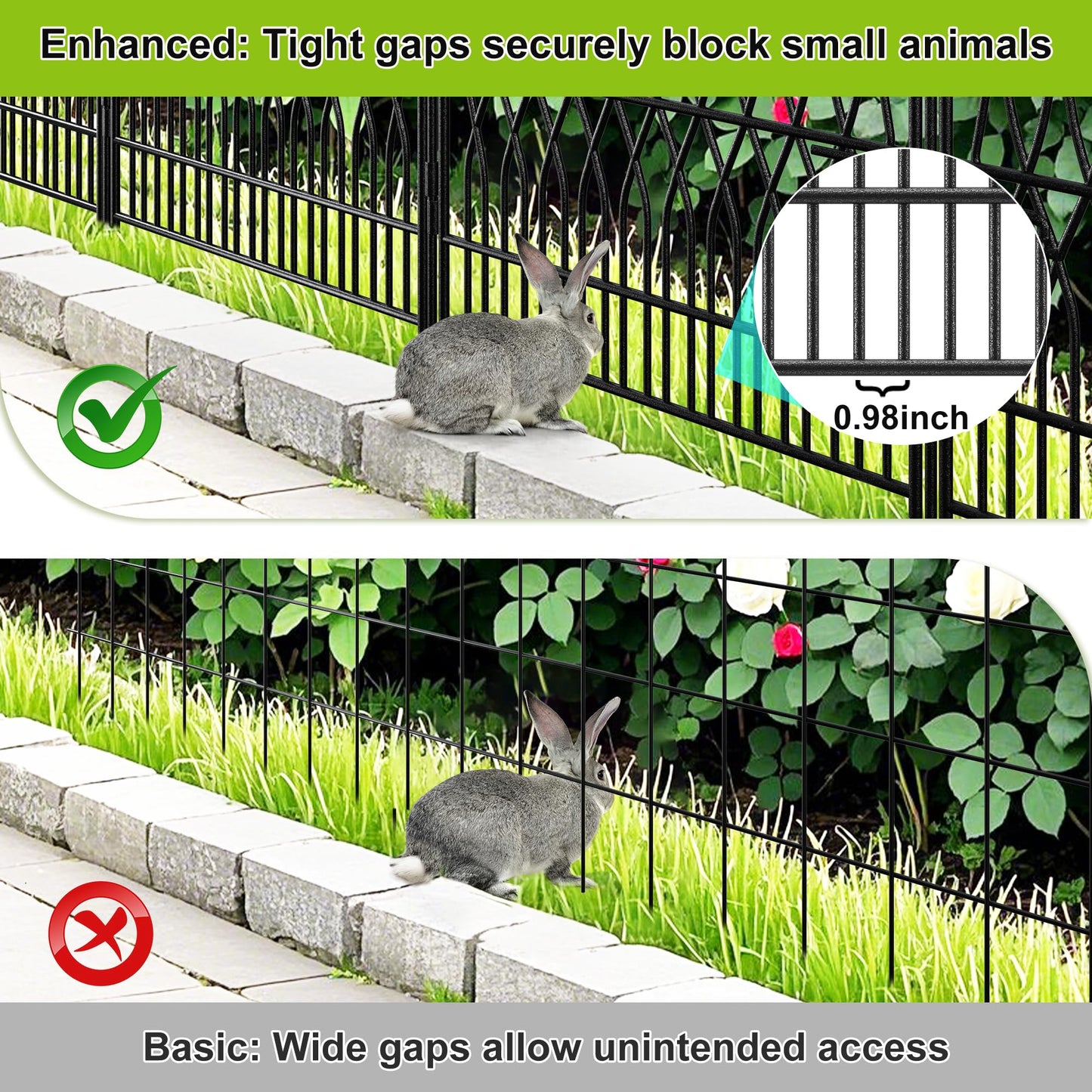 Bepatio 5 Panels Tall Garden Fence with Latch, 43.3in (H) x 14.8ft (L) Dog Fence Outdoor for Yard, Arc Metal Fencing Panels, Animal Barrier Fencing for Outdoor, Patio, Flower Bed