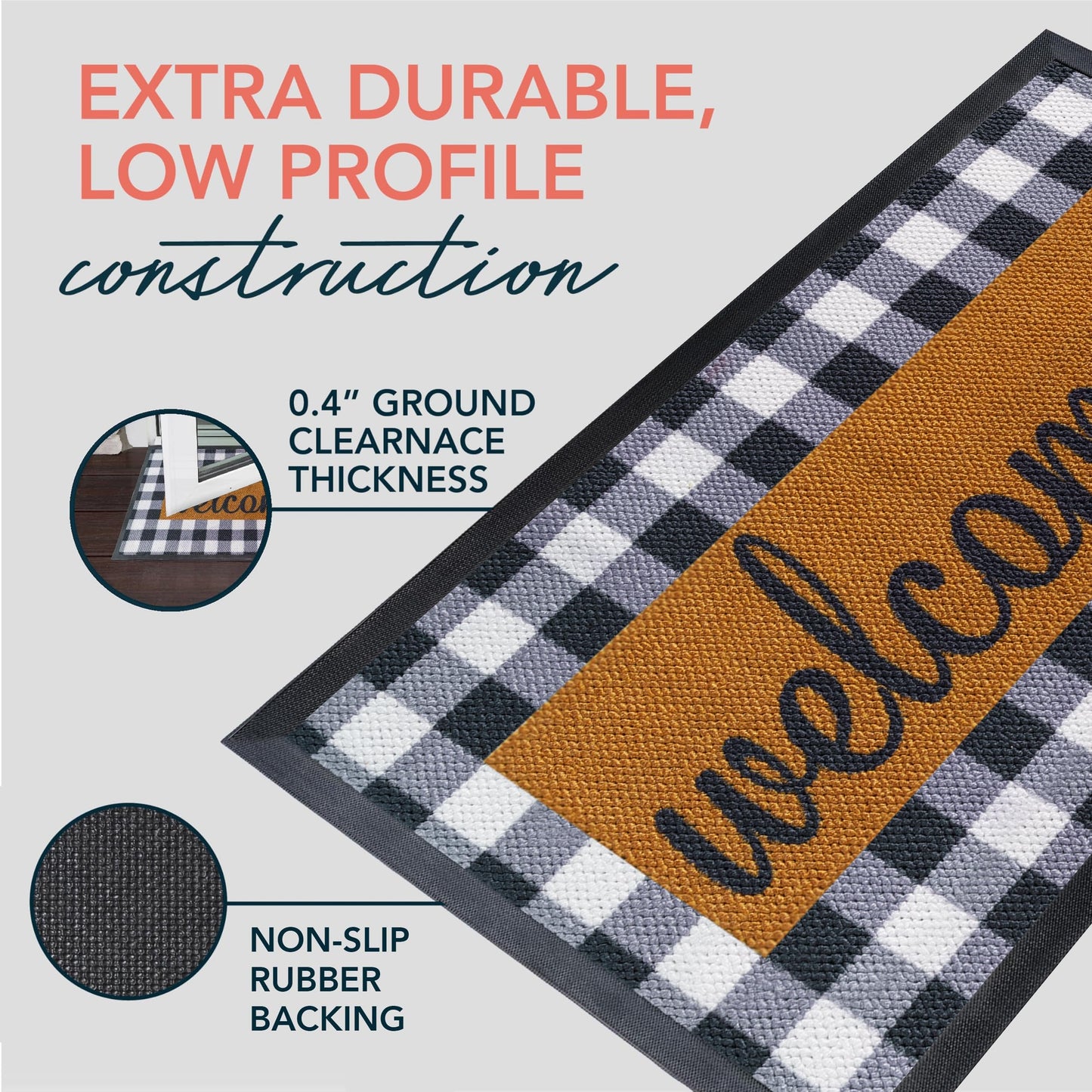 ubdyo Welcome Mat for Front Door Outside - Dirt Trapping Doormat Outdoor Entrance - Low Profile Welcome Matt Outdoor - Rubber Backing Anti Slip Door Mat - Regular 30'' x17'' (Checkered)