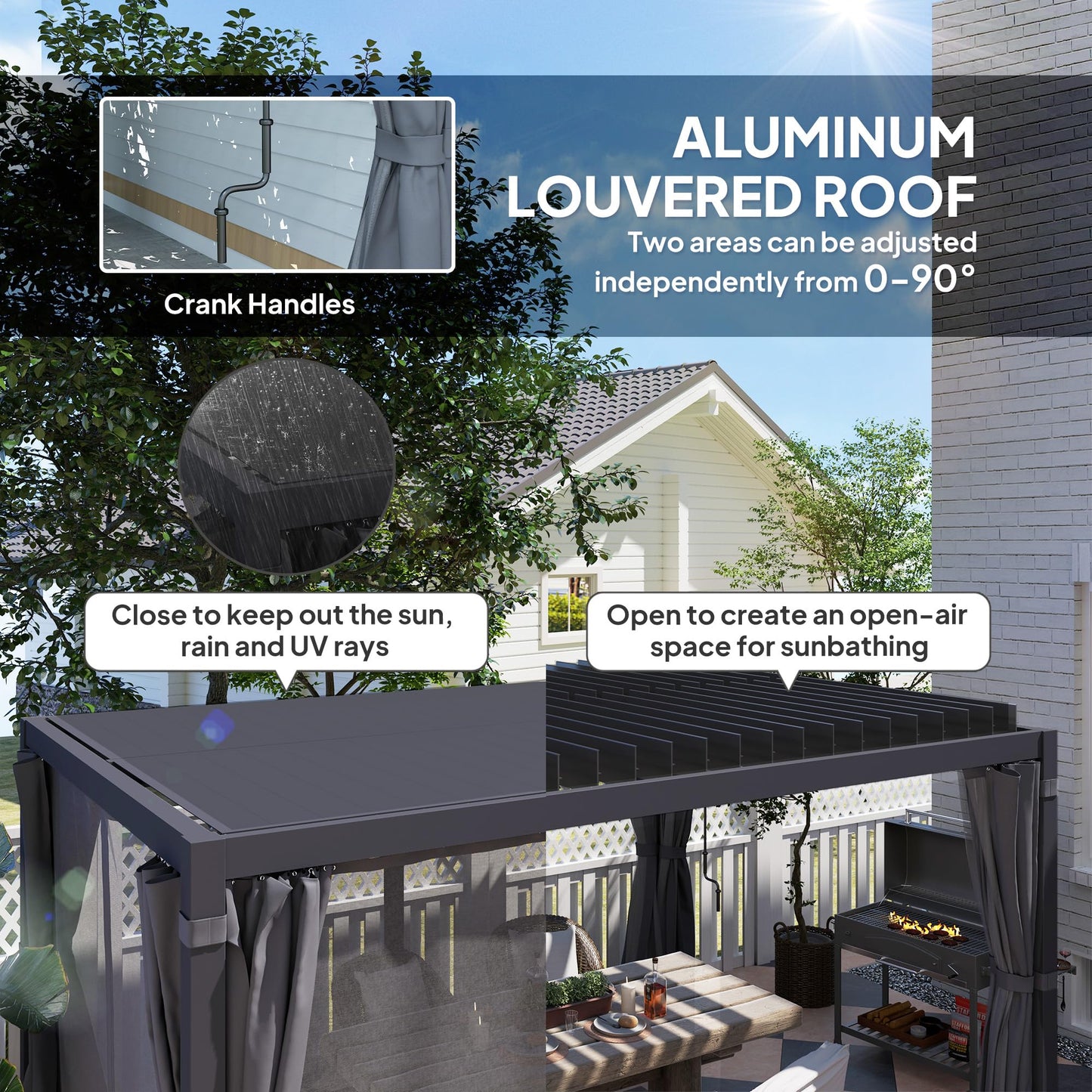 Outsunny 10 x 13 ft. Louvered Pergola Hardtop Gazebo with Adjustable Aluminum Roof and Frame, Outdoor Pergola with Curtains and Netting, for Garden, Lawn, Backyard, and Deck, Dark Gray