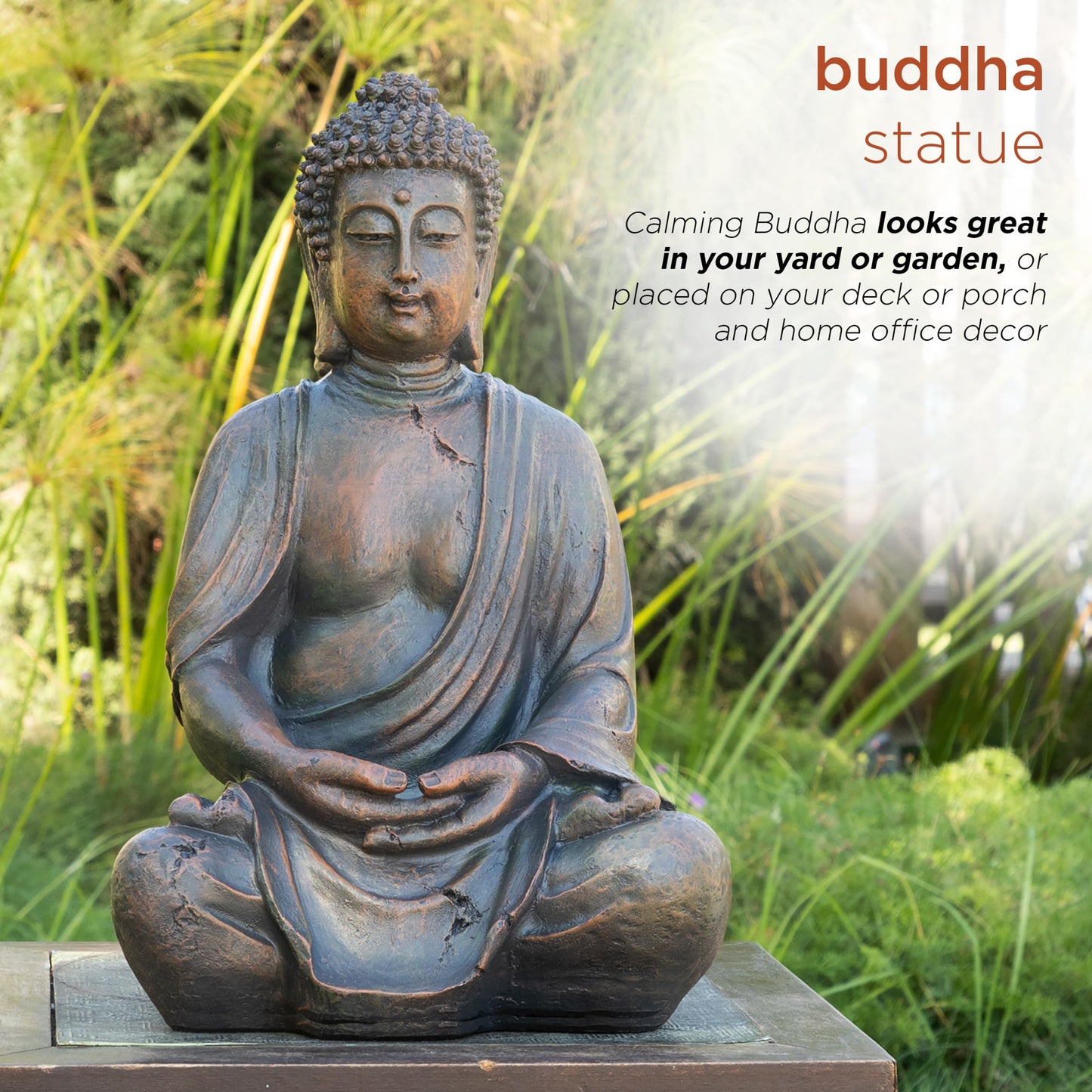 Alpine Corporation 15" Tall Indoor/Outdoor Meditating Buddha Statue, Tabletop Garden Decor, Bronze