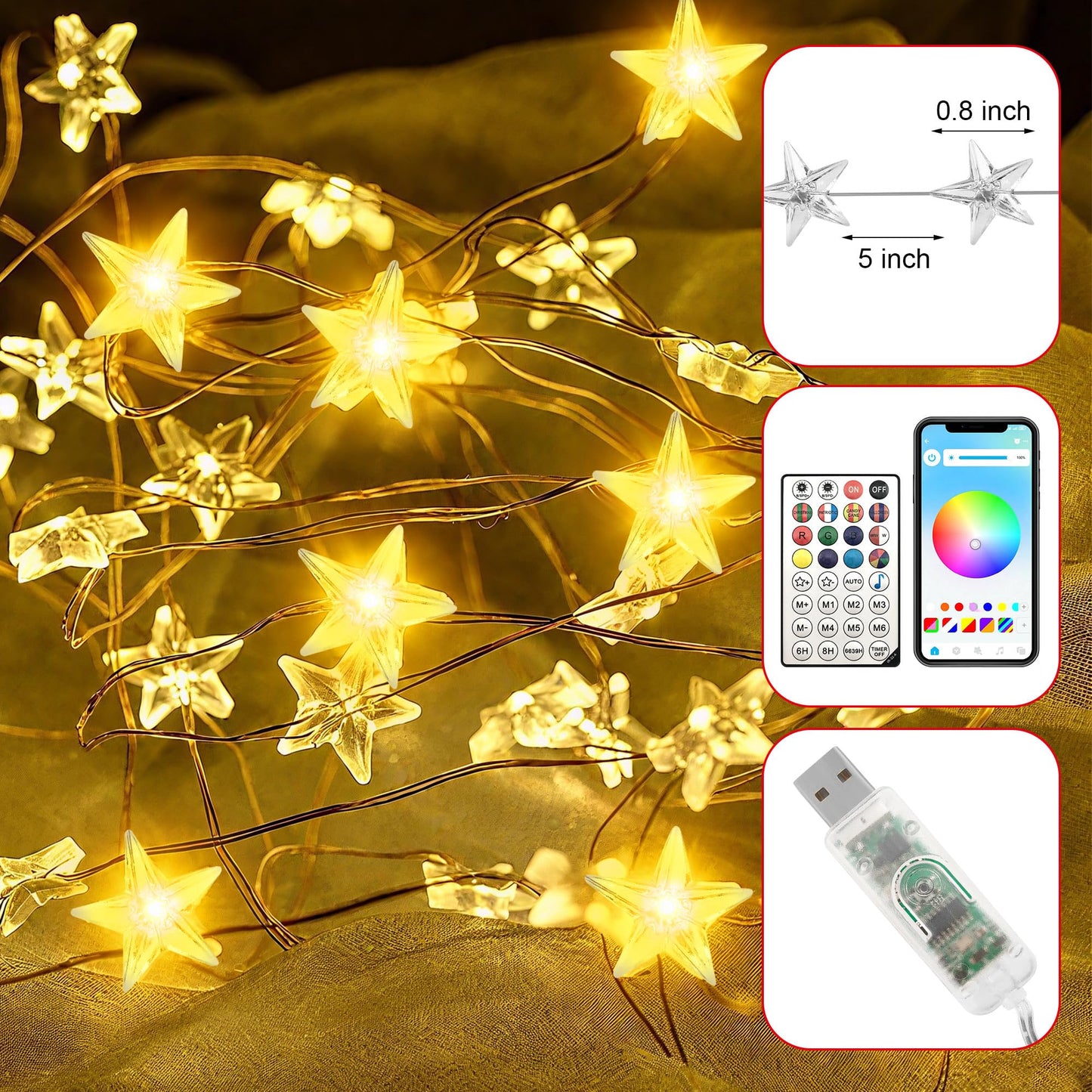 LiuZpatial Smart Star Lights for Bedroom Indoor, 33 FT 80 LED USB Star Ttring Lights, App & Remote Control, Timer Music Sync