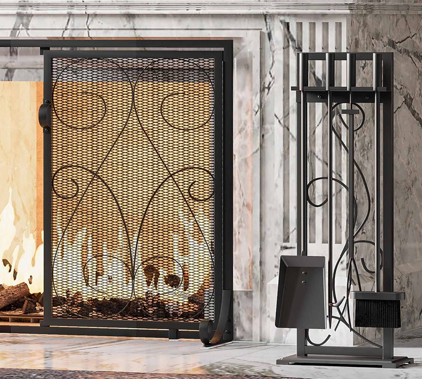 Kingson 5-Piece Heavy Duty Wrought Iron Fireplace Tool Set - Durable Indoor & Outdoor Fireplace Accessories with Decorative Black Finish - Stylish and Functional Hearth Décor for Fireplaces