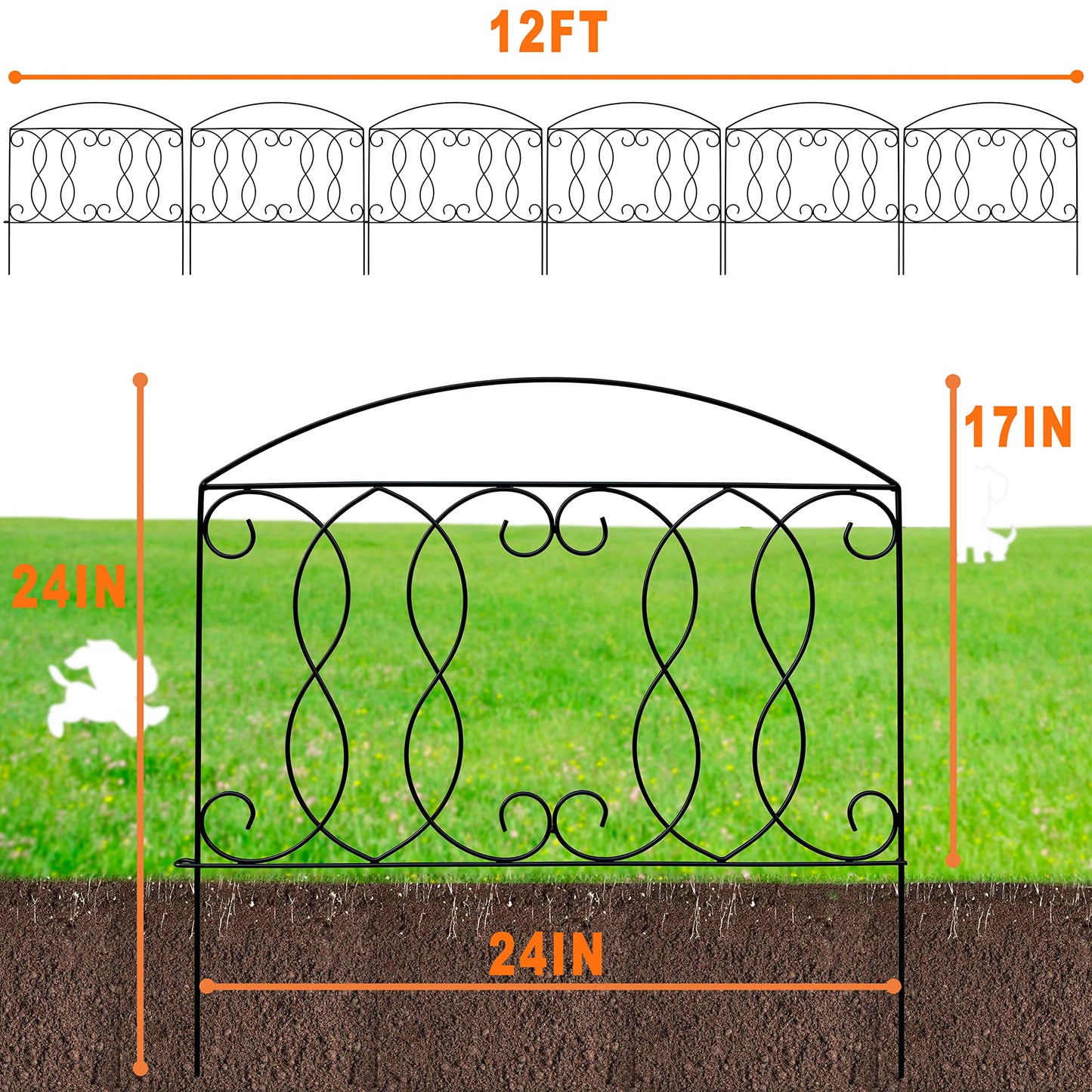 BRAVE SNAIL Decorative Fence 24in x 12ft 6 Piece Metal Garden Fence Extra Thick Wire Outdoor Patio Rustproof Fencing Animal Barrier