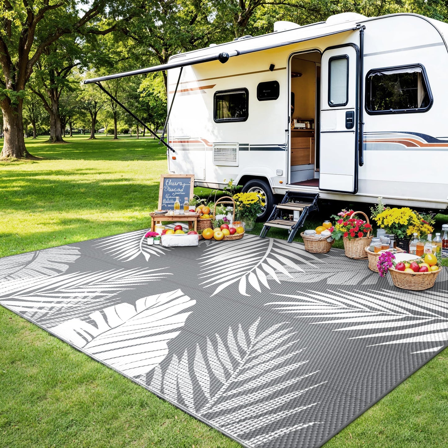 sarben Outdoor Rug 8’x10’ Waterproof for Patio Clearance, Reversible Indoor Outdoor Plastic Straw Camping Rug Carpet, RV Mat, Large Area Rug for Deck, Backyard, Balcony, Porch, Beach, Grey & White