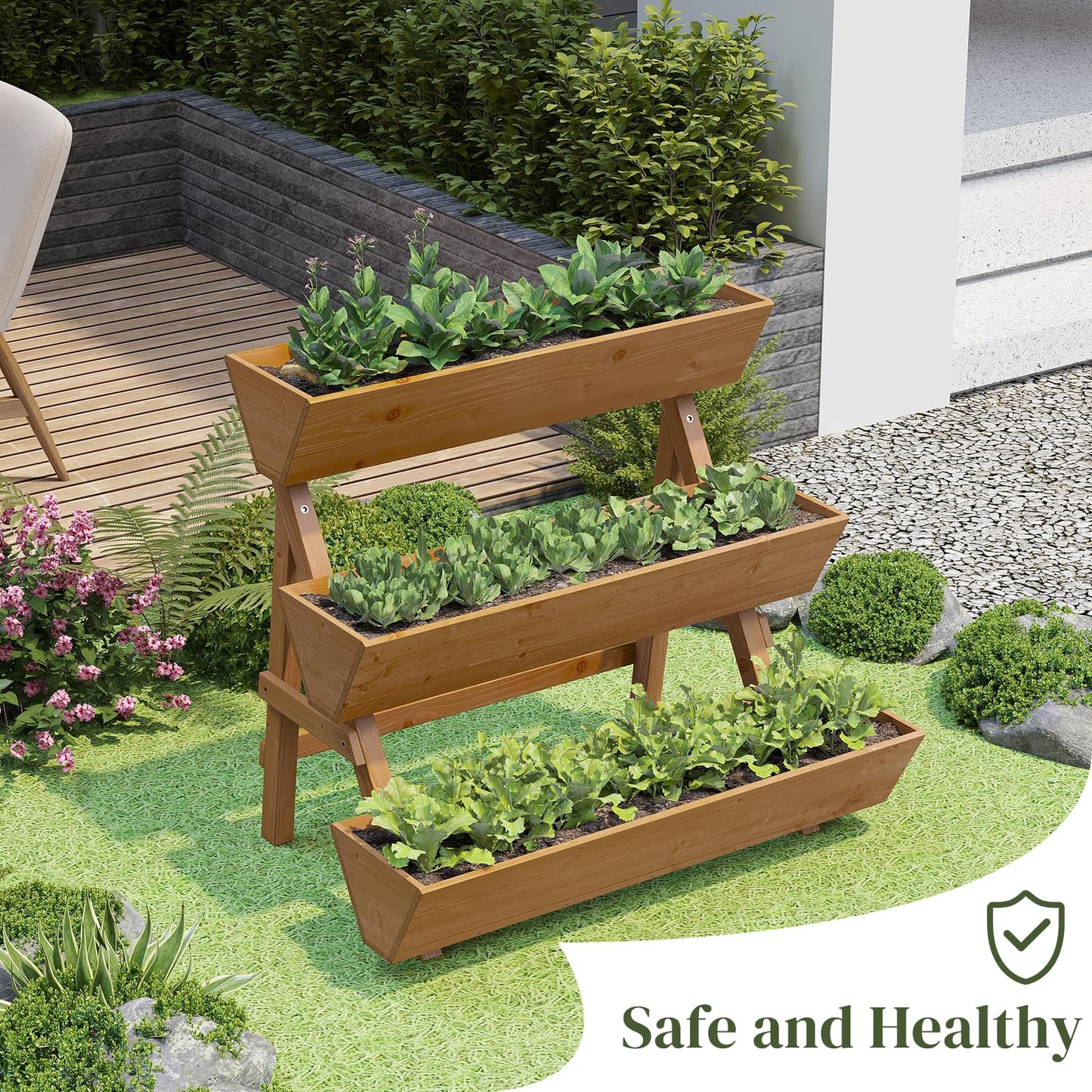 PULIJIAJU 3-Tier Wooden Vertical Raised Garden Bed with Legs, Tiered Planter Box, Vertical Garden Planter,Wood Plant Stand Wood Flower Rack for Patio, Balcony, Freestanding. (Brown-Large)