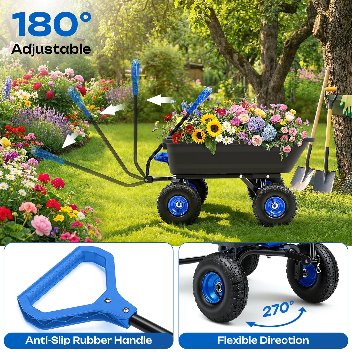 Autodaya 900LB Garden Dump Cart, 2026 Upgraded Heavy Duty Wheelbarrow Cart with 10" Non-Slip Pneumatic Tires & Quick-Release System, 4-Wheel Steel Frame Wagon for Transportation in Yard, Farm, Garden