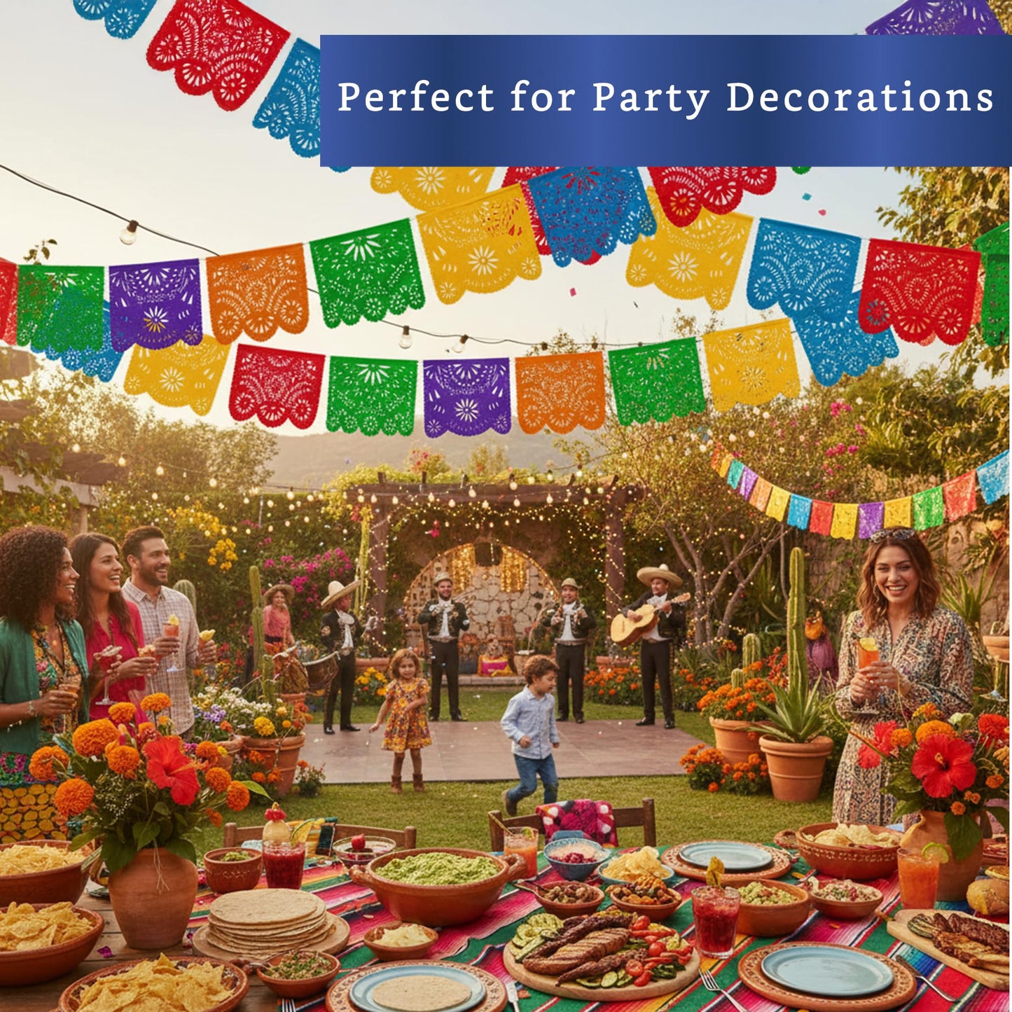 Mexican Party Banners (5 Pack with 10 Plastic Flags per Banner) - Papel Picado Mexicano para Fiesta - Plastic Papel Picado - Fiesta Themed Party Decorations - Mexican Decor