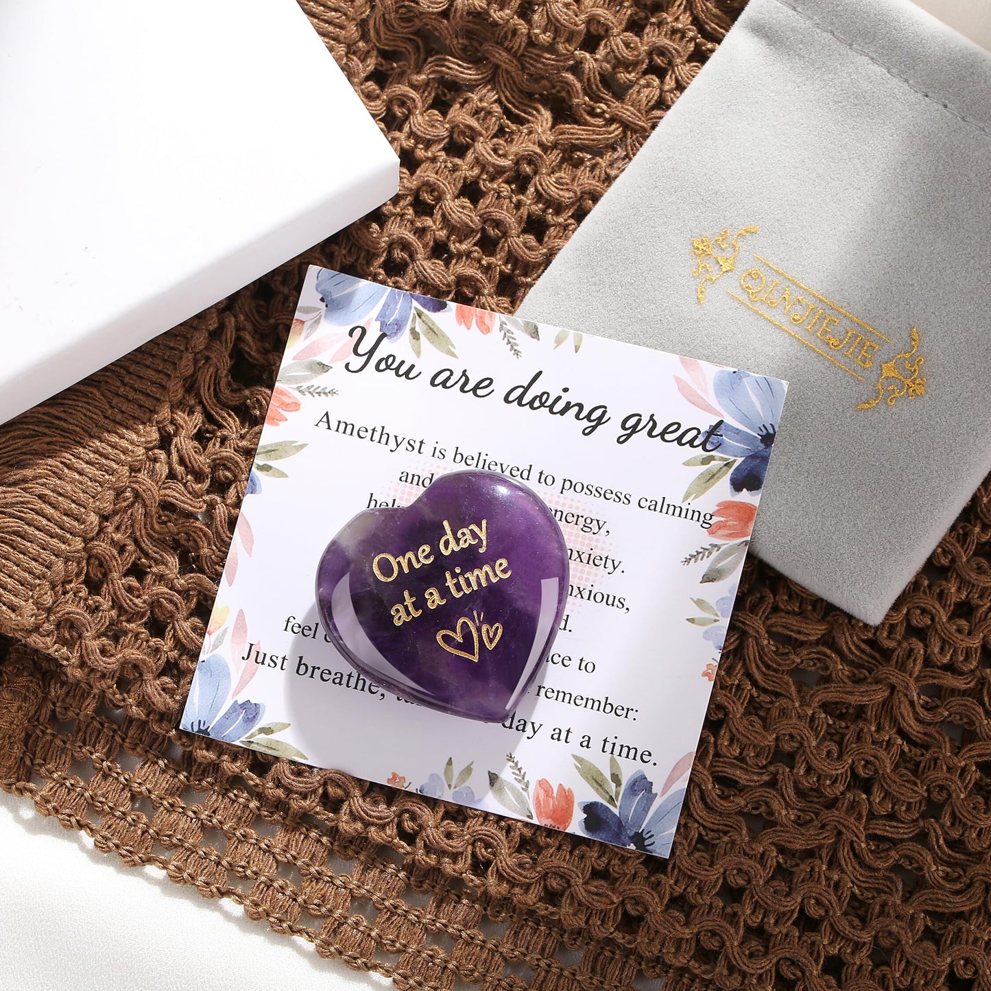 QINJIEJIE Amethyst Crystal Heart Stones One Day at A Time Thinking of You Gifts for Anxiety Relief Items You Got This Inspirational for Best Friend Purple Heart Gifts Valentine's for Women