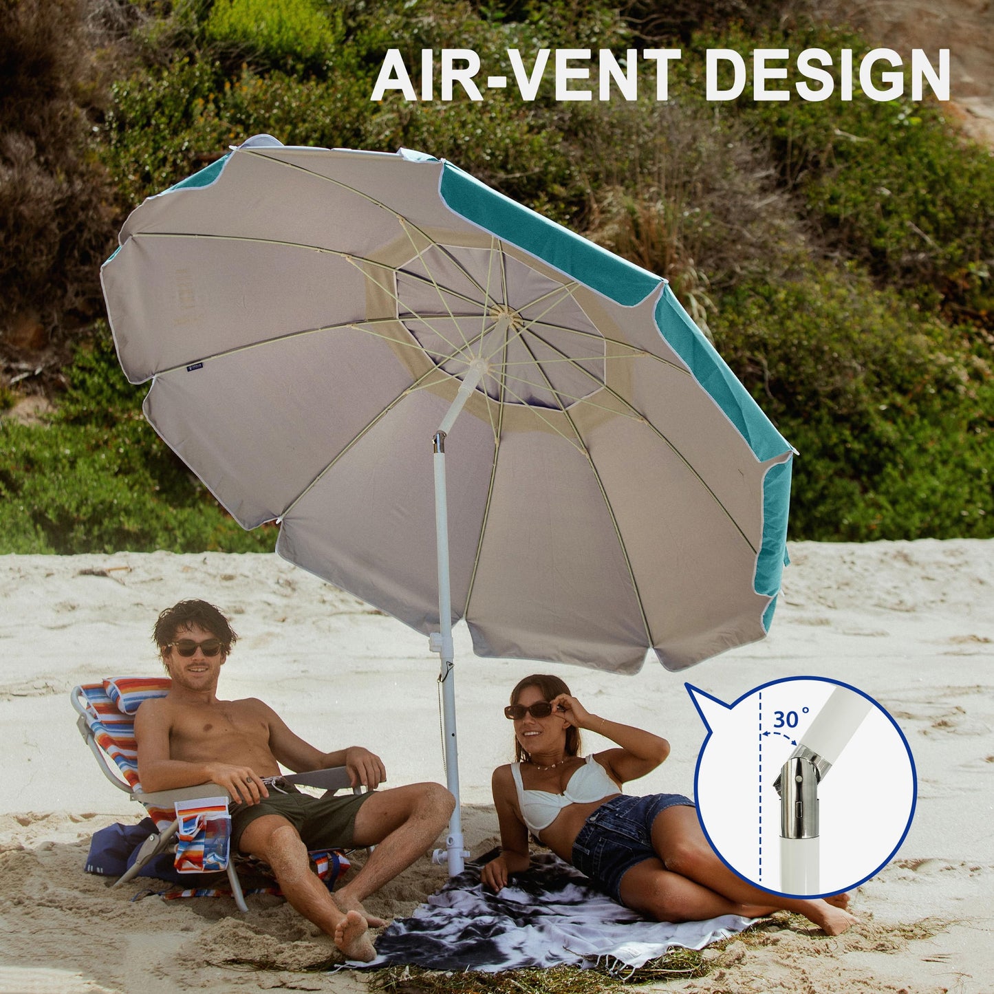 AMMSUN 8 Feet Large Beach Umbrella with Sand Anchor Heavy Duty High Wind Portable Outdoor Umbrellas UPF 50+ Protection Air Vent Tilt Patio Garden Pool Teal
