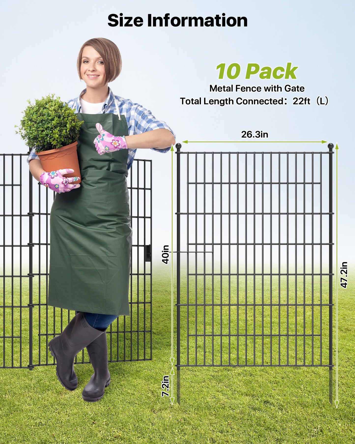 Garden Fence Animal Barrier with Gate 40in(H) x23ft(L) 10Panels Heavy Duty Metal Wire No Dig Decor Fencing,Tall Outdoor Dog Safety Fences with Stake,Temporary Edging for Yard