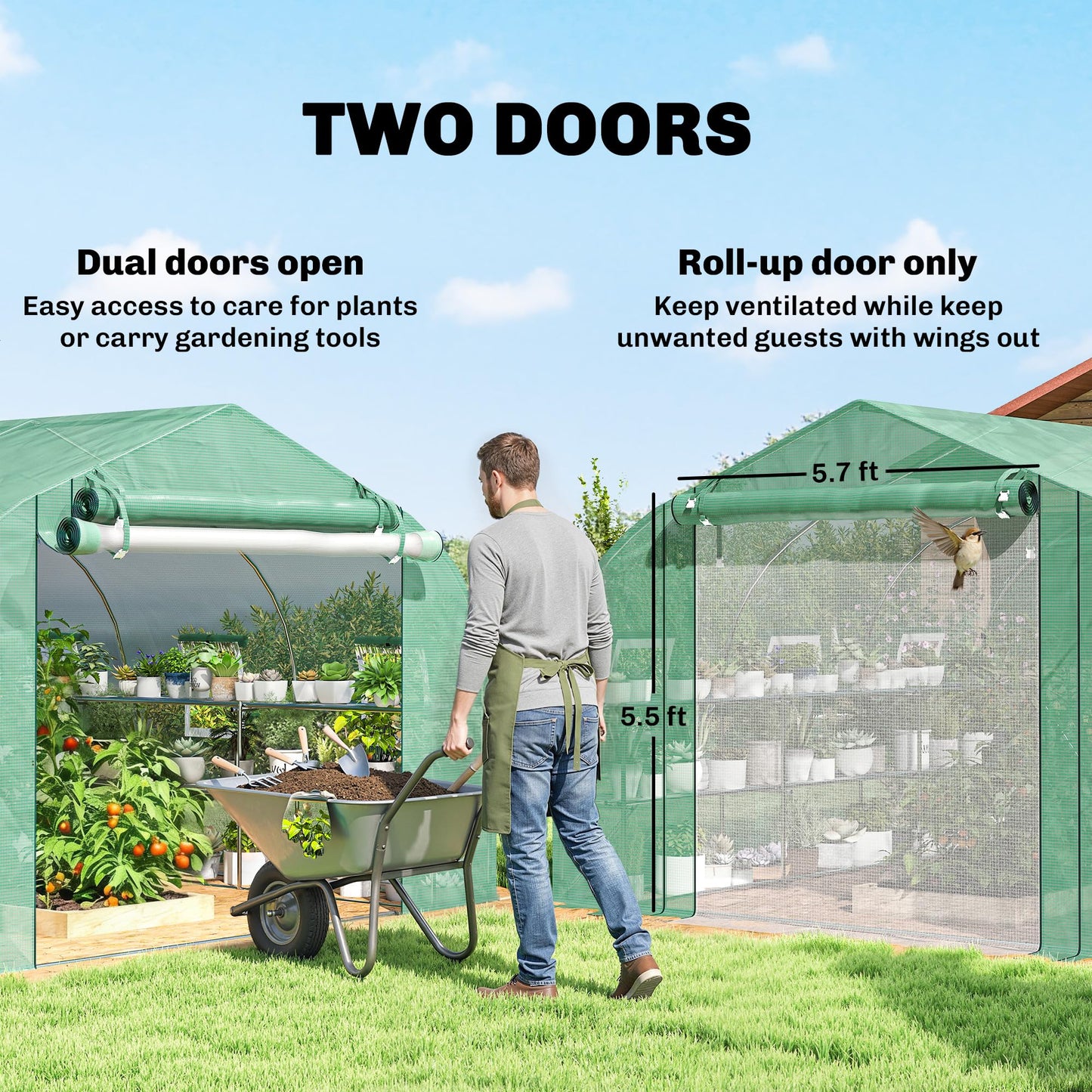 Outsunny 10'x11'x6' Walk-in Tunnel Greenhouse with Shelves, Mesh Door and Windows, Plant Hot House with PE Cover, Outdoor Green House for Patio Lawn Garden, Green