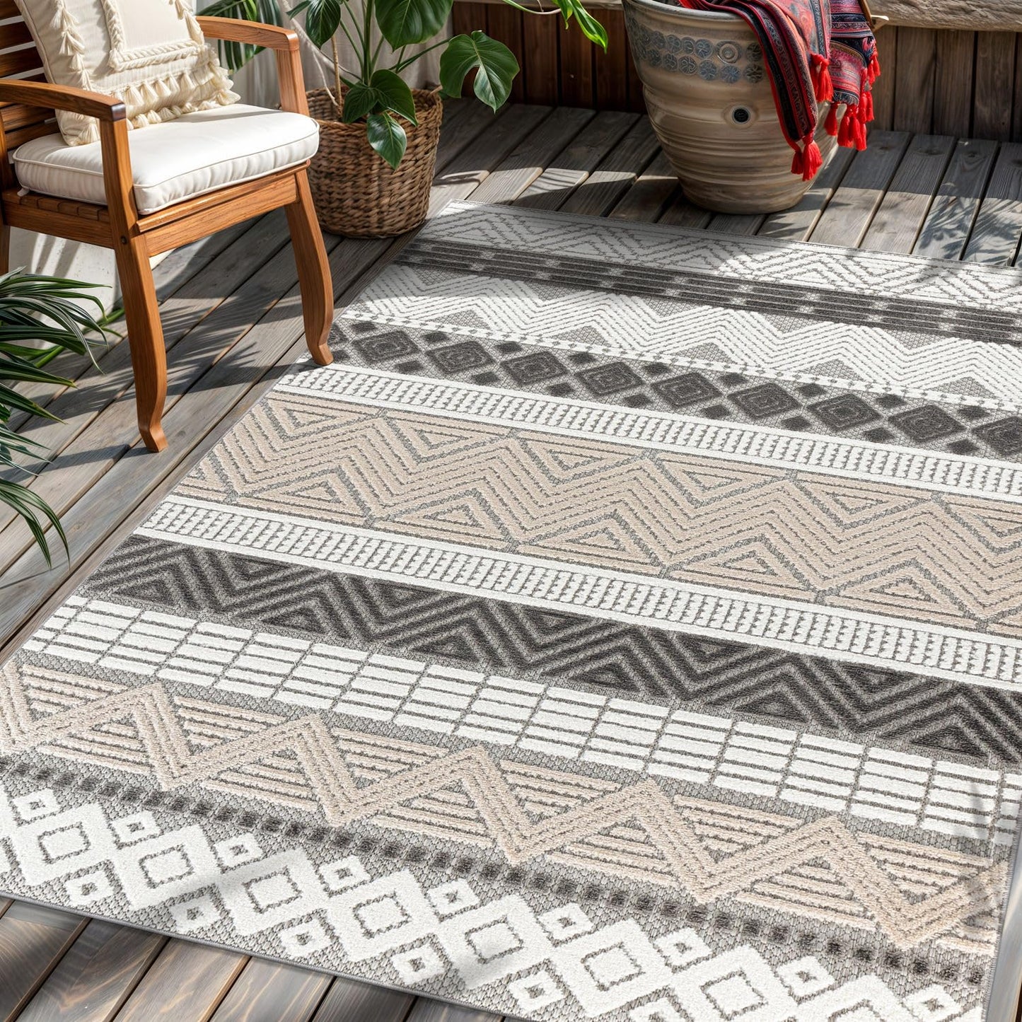 Rugshop Marbella Contemporary Boho Non-Shedding Patio Deck Backyard Indoor/Outdoor Area Rug 5' x 7' Gray