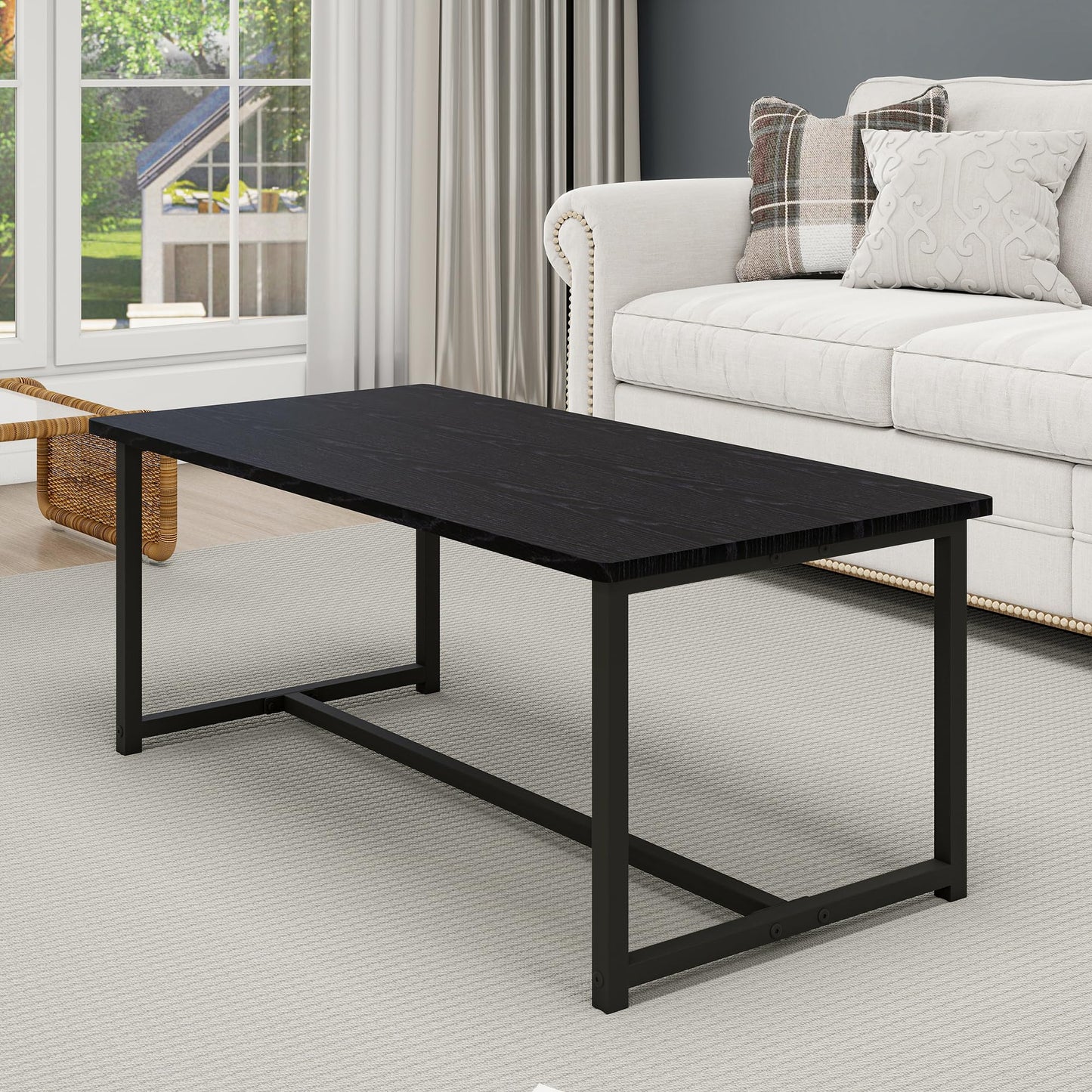VERFARM 35.4" Rectangular Coffee Table for Living Room, Modern Industrial Style Coffee Table Center Table with Metal Frame for Small Space, Apartment, Office, Easy Assembly, Black
