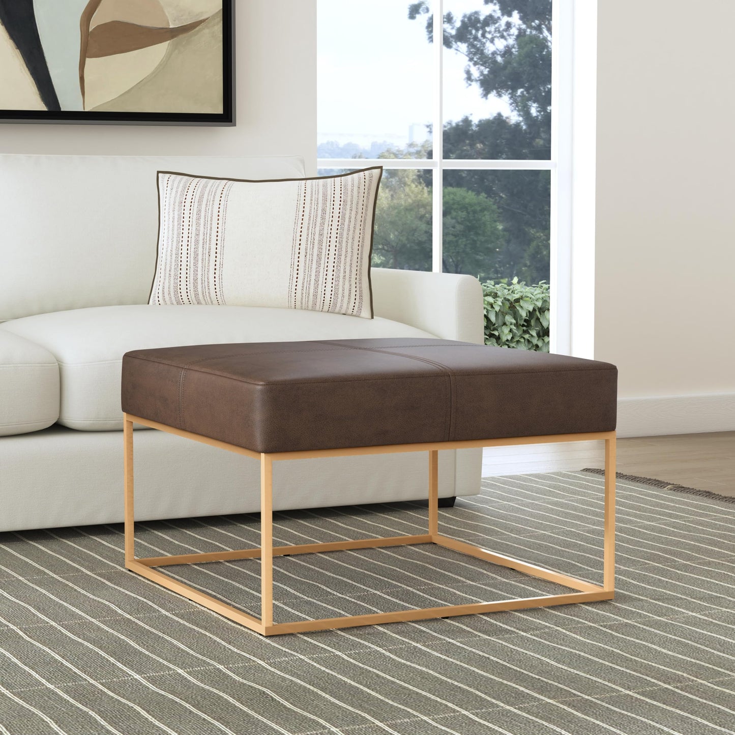 Homepop Decorative Large Square Gold Metal Ottoman | Ottoman Stool for Living Room & Bedroom | Decorative Home Furniture (Brown Faux Leather)