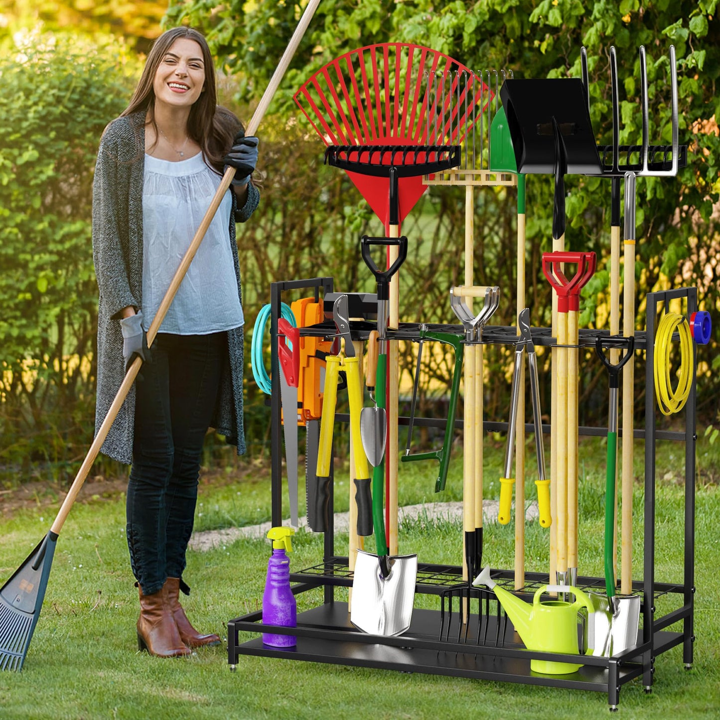 VGMiu Garden Tool Organizer for Garage, Yard Tool Rack, Holds Up to 64 Long-Handled Tools, Black Metal Garden Tools Rack Storage with Hooks for Yard Shed Garage Organization