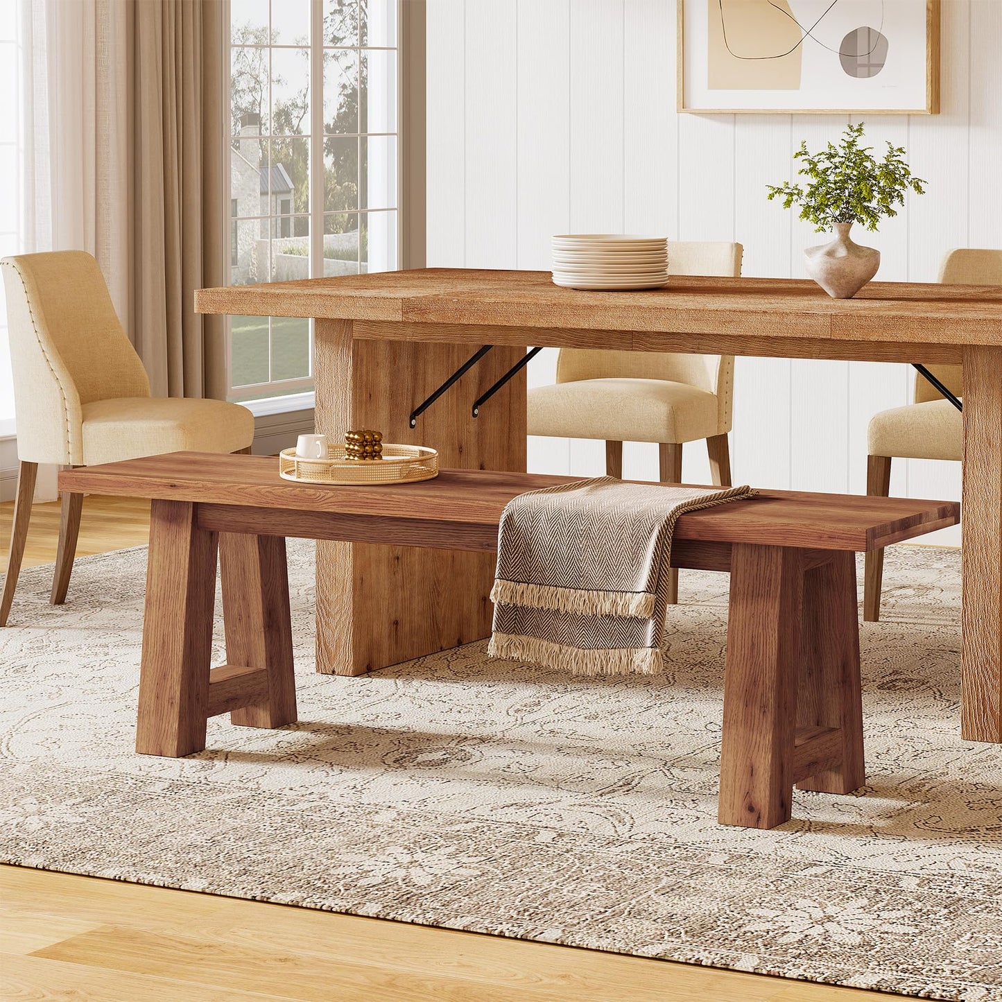 TRIBEWOOD Solid Wood Dining Bench with A-Shaped Legs, 55.12-Inch Farmhouse Entryway Bench Indoor for Hallway, Kitchen, Dining Room, Living Room (Brown)