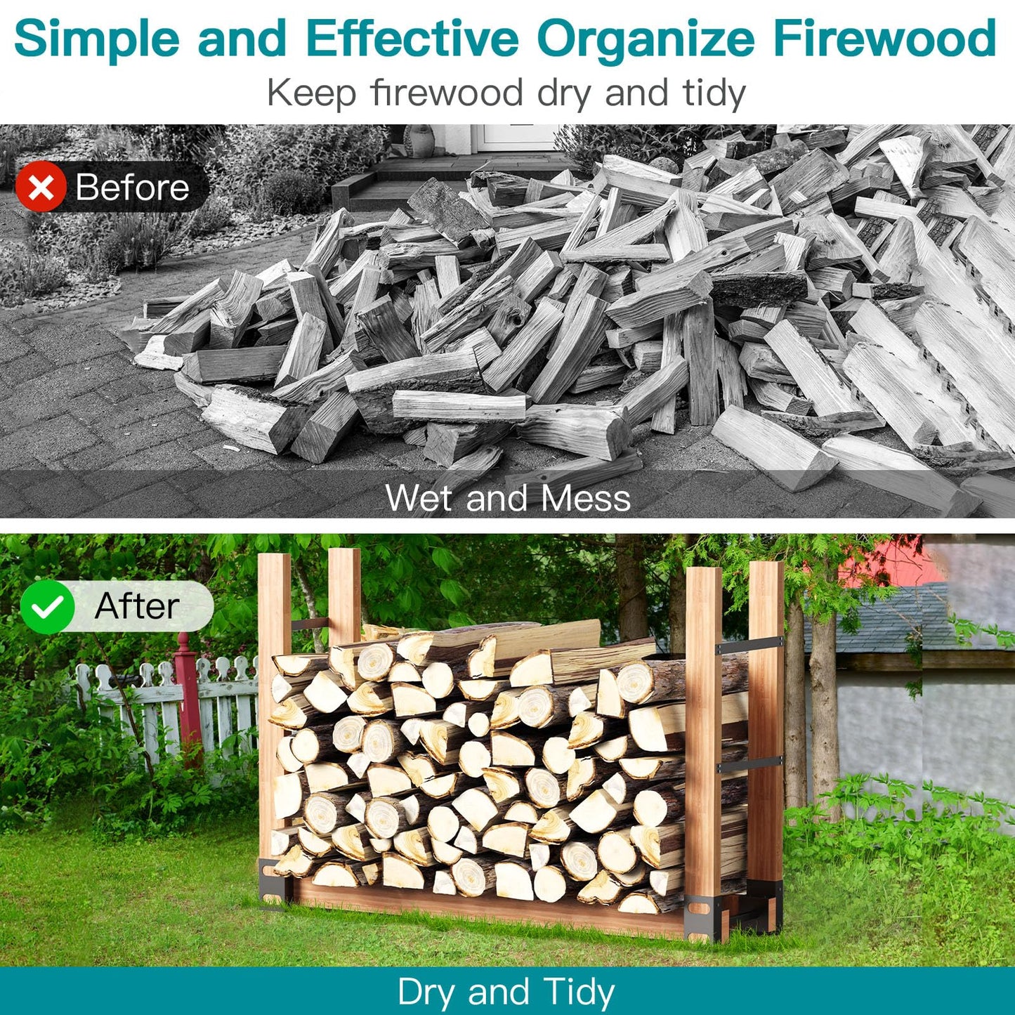 Eibikdi Firewood Rack Outdoor, Adjustable Length Wood Storage Brackets Kit, Log Stacking Stand Holder for Outdoor Indoor Fireplace, Wood Burning Fire Pits, Black, Set of 2