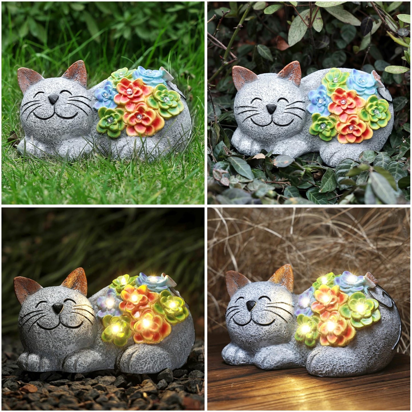 Otdair Solar Cat Decor, Birthday Gifts for Women with Succulent and 7 LED Lights, Christmas Gifts for Mom, Seniors, House Warming New Home Garden Decor for Cat Lover